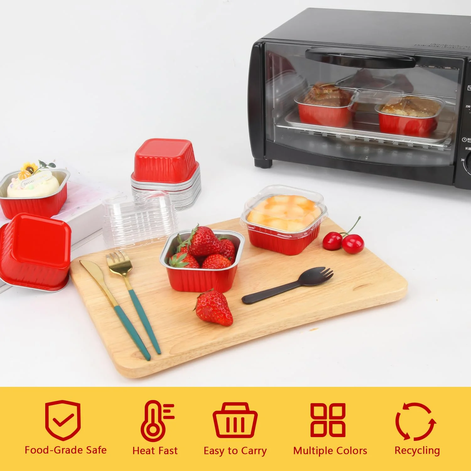 LNYZQUS 5oz Cupcake Pans Disposable Ramekins 40 Pack, Aluminum Foil Cupcake Liners With Lids,Square Brownie Mini Cake Baking Pans,Cupcake Cups Muffin Tin Holders-Red - Image 7