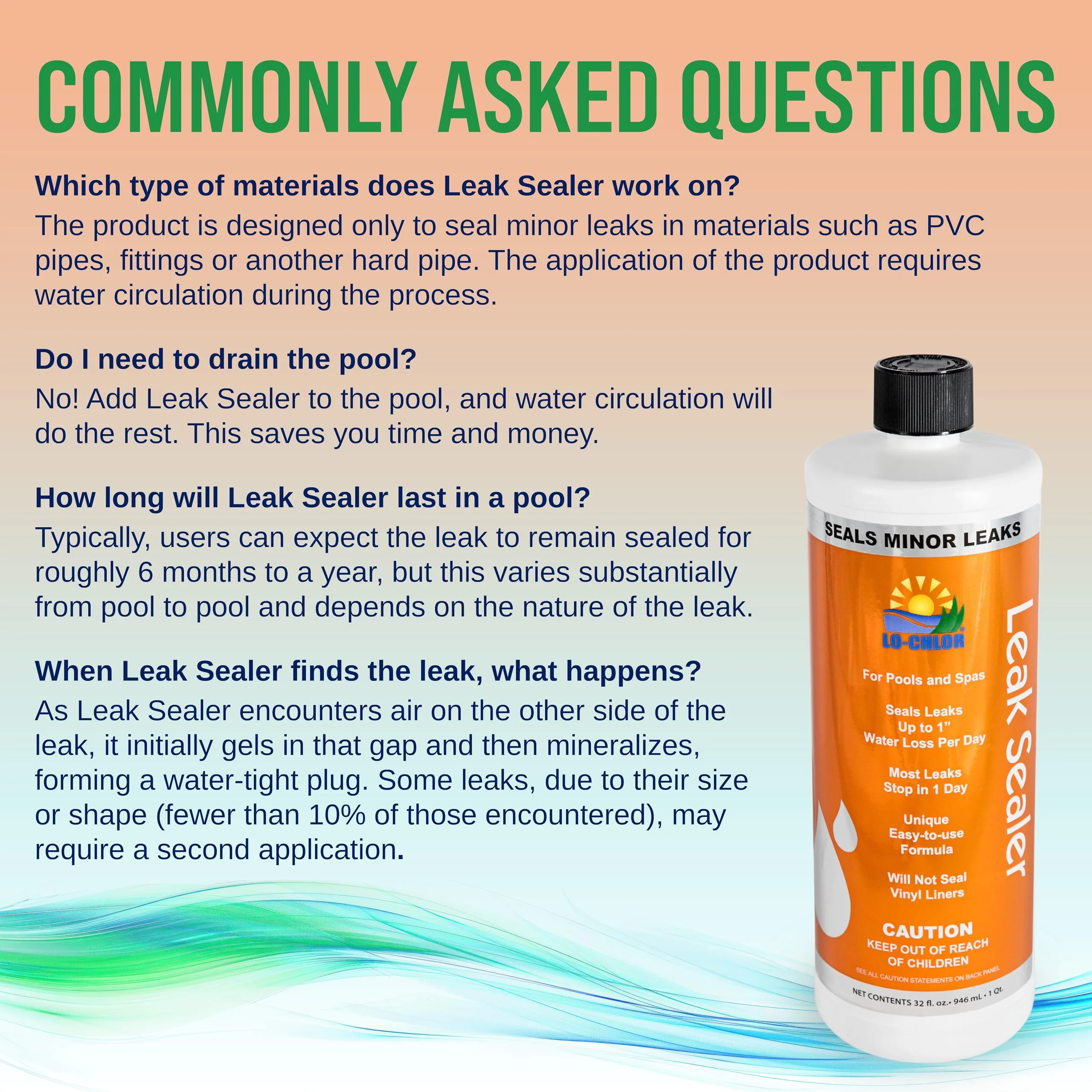 Lo-Chlor Leak Sealer - No Need to Drain Pool Water, Easily Fix a Leak Pool Leak Sealer - Hot Tub Leak Sealer Works in 24 Hours to Fix a Leak Spa and Hot Tub, Fast Acting Pool Leak Repair (32oz) - Image 5