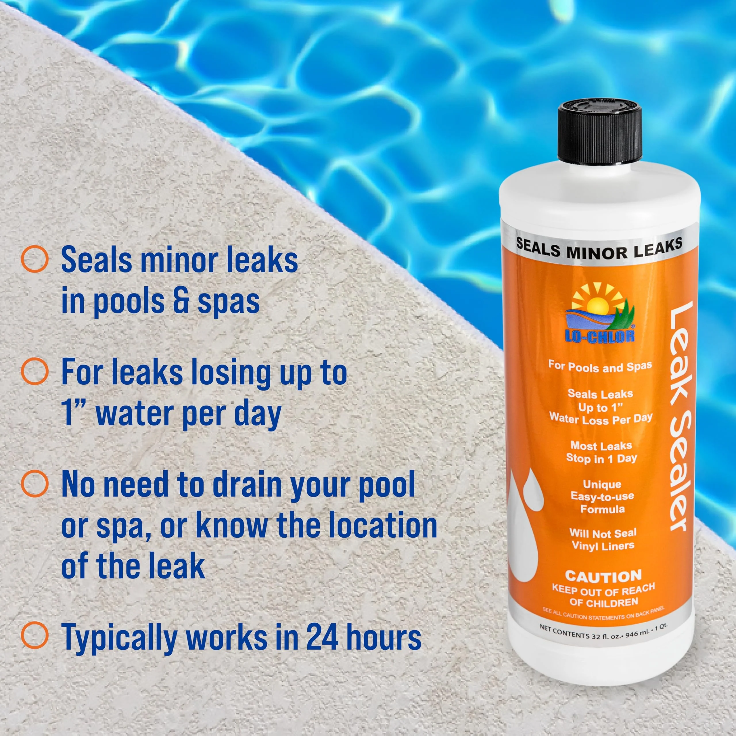 Lo-Chlor Leak Sealer - No Need to Drain Pool Water, Easily Fix a Leak Pool Leak Sealer - Hot Tub Leak Sealer Works in 24 Hours to Fix a Leak Spa and Hot Tub, Fast Acting Pool Leak Repair (32oz) - Image 7
