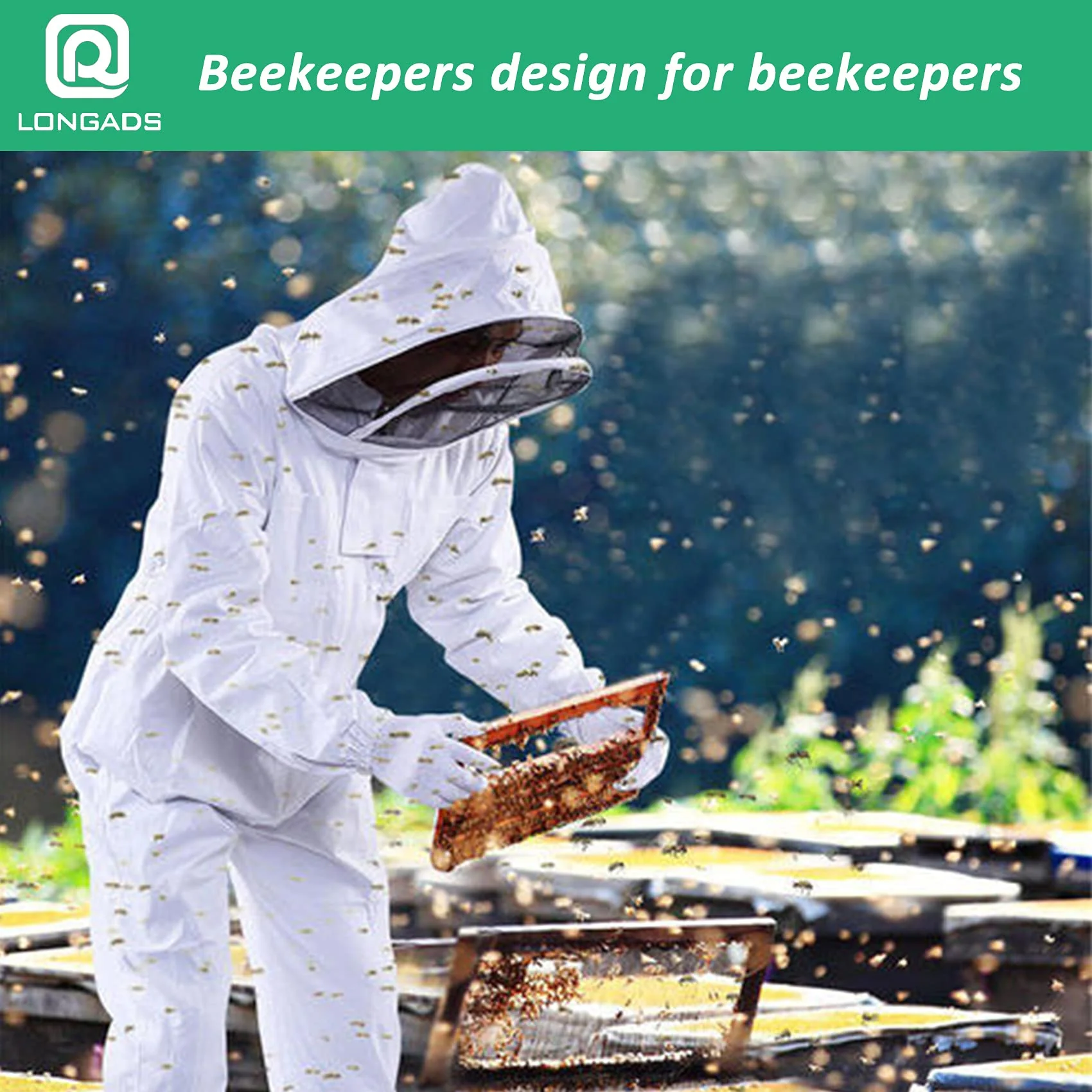 LONGADS Professional Bee Suit for Men Women, Beekeeping Suit Beekeeper Suit with Glove &Ventilated Hood, Multi-Size Bee Outfit for Backyard and Bee Keeper for Bee Keeper Catcher Christmas Costume - Image 2