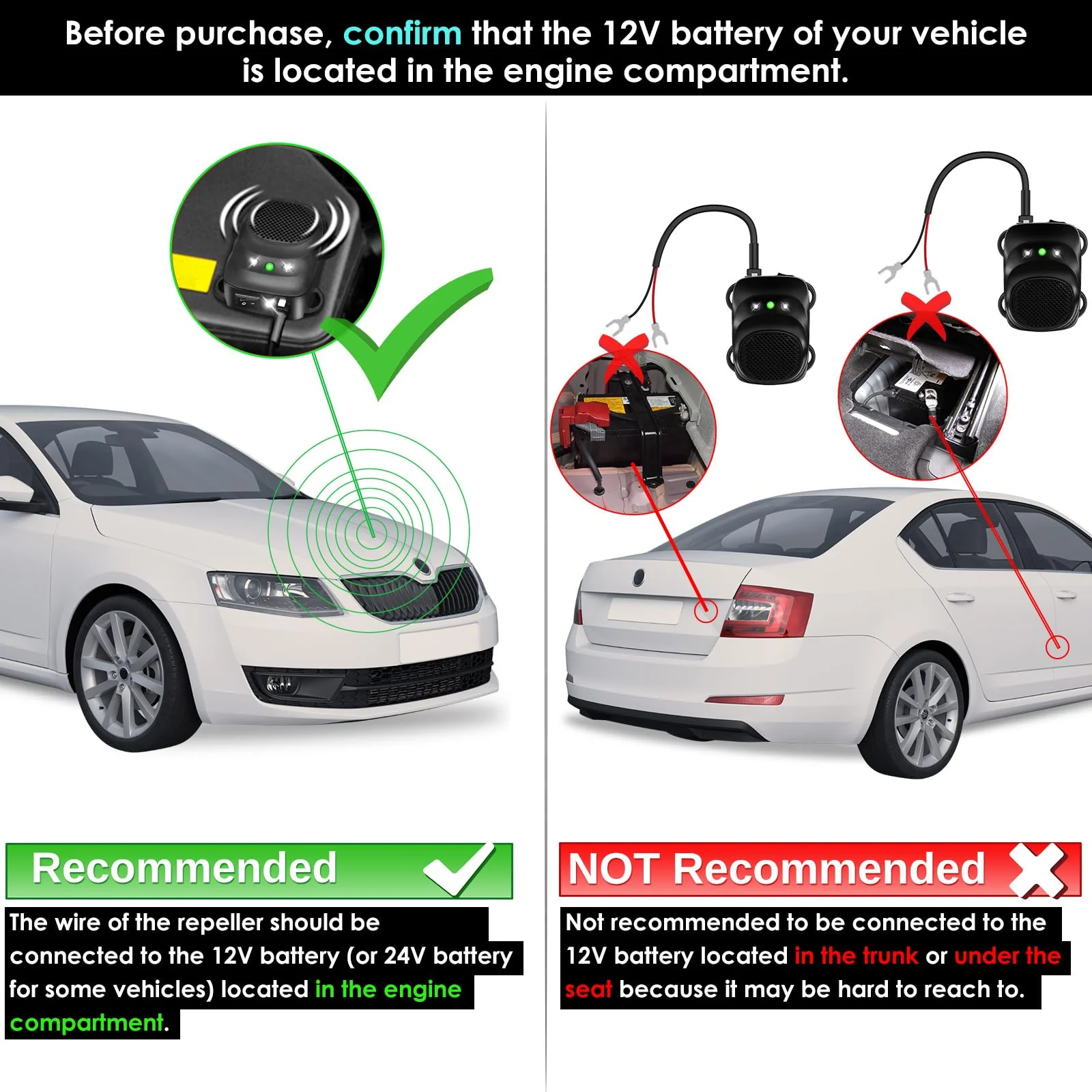 Loraffe Under Hood Rodent Repellent for Car Engines, 12V 24V Ultrasonic Mouse Deterrent with LED Strobe Lights – Mice and Rat Repeller for Truck, RV, Vehicle Engine Protection, Pack of 2 - Image 4