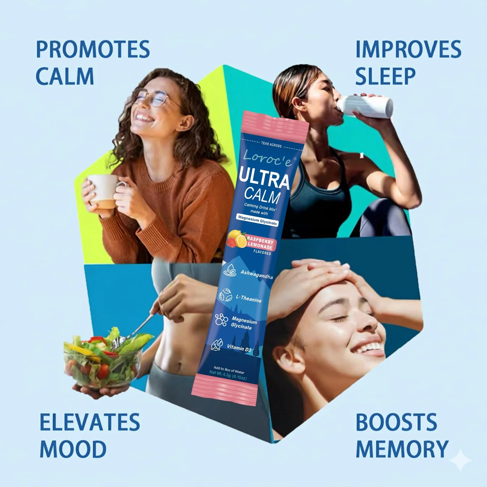 Loroc'e UltraCalm Super Cortisol Reducer Drink, Magnesium Glycinate (30 Servings), L-theanine, Ashwagandha, Vitamin D, No Sugar, Raspberry Lemonade Sleep Aid Powder - Image 6
