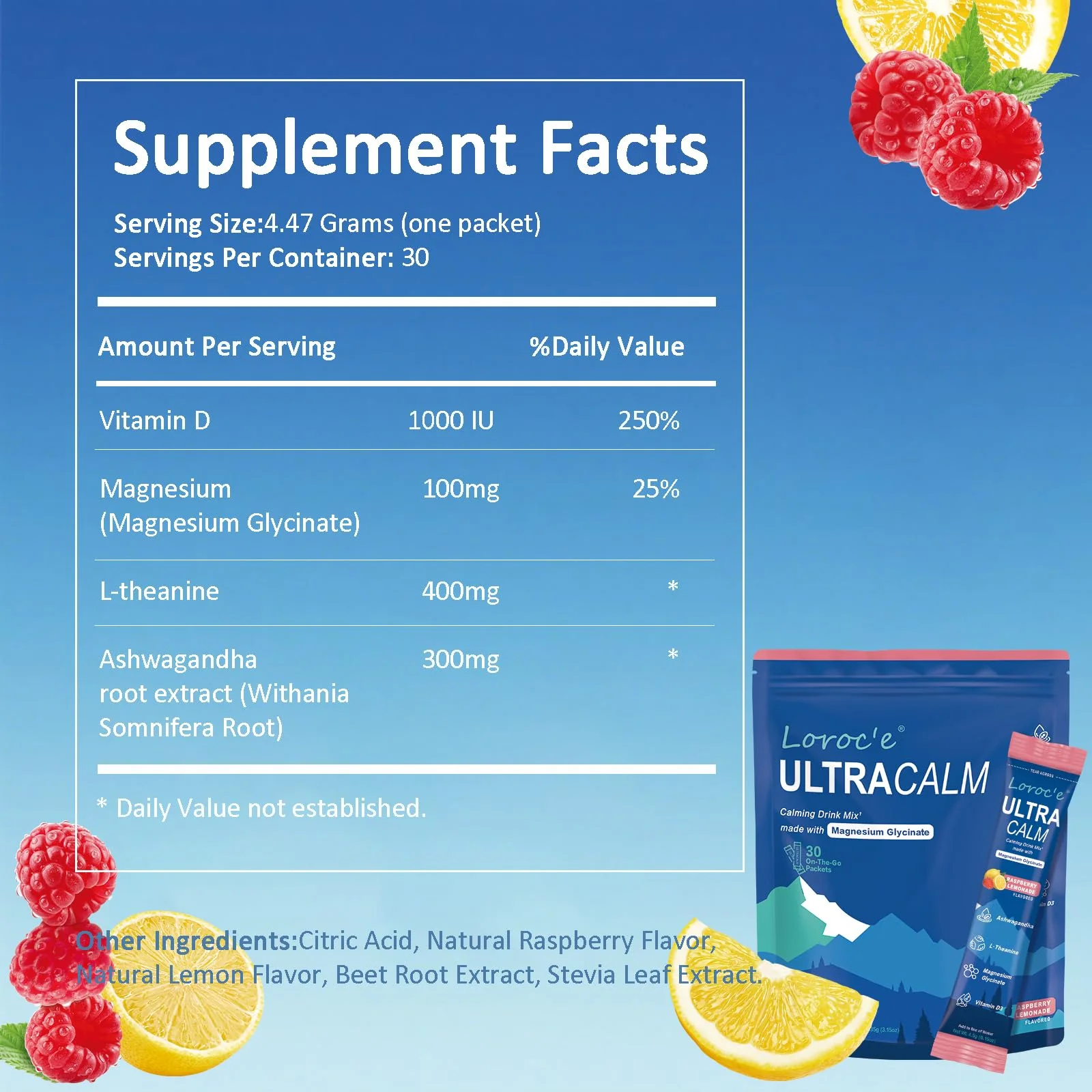 Loroc'e UltraCalm Super Cortisol Reducer Drink, Magnesium Glycinate (30 Servings), L-theanine, Ashwagandha, Vitamin D, No Sugar, Raspberry Lemonade Sleep Aid Powder - Image 8
