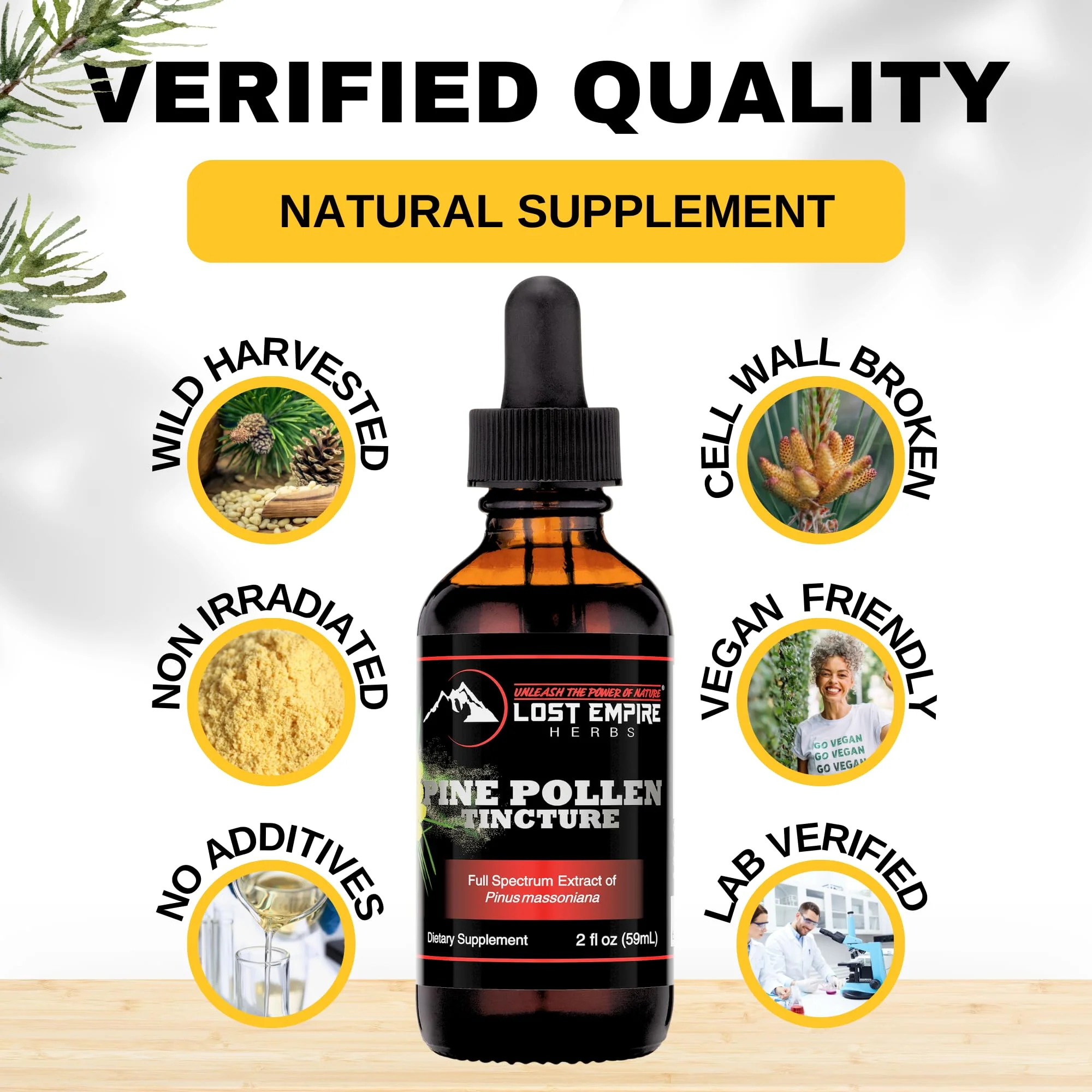 Lost Empire Herbs Pine Pollen Tincture Pine Pollen Liquid Extract for Testosterone - Alcohol Tincture is Superior for Better Absorption, 3rd Party Lab Tested (2 Ounce) - Image 2