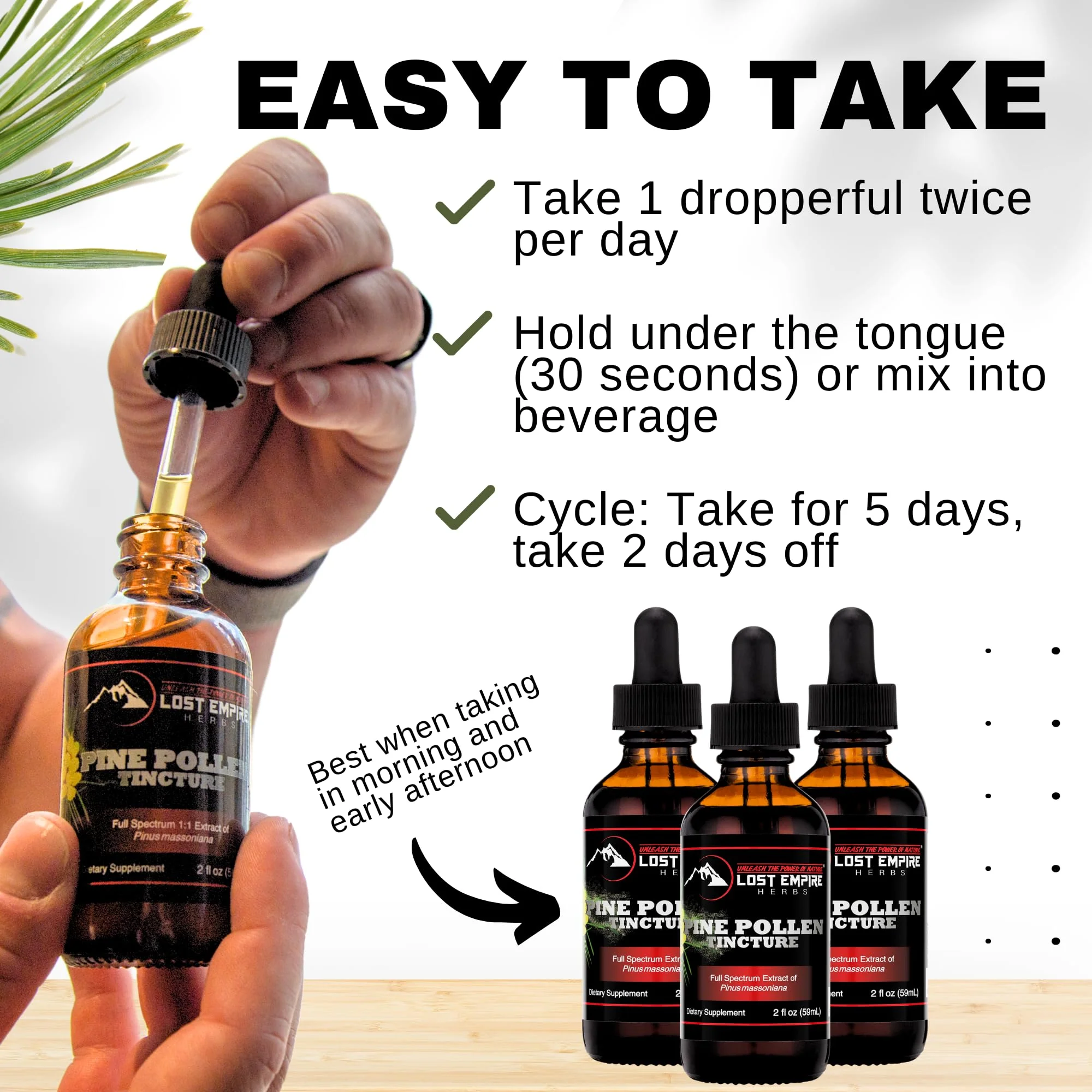 Lost Empire Herbs Pine Pollen Tincture Pine Pollen Liquid Extract for Testosterone - Alcohol Tincture is Superior for Better Absorption, 3rd Party Lab Tested (2 Ounce) - Image 4