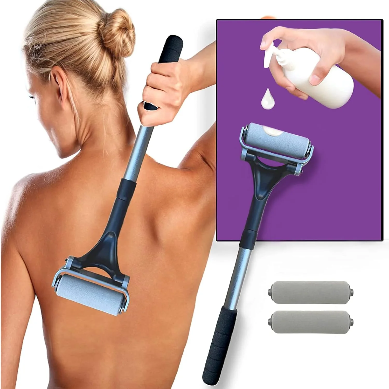 Lotion Applicator for Back - Sunblock and Sunscreen Application Roller - Apply Moisturizer, Cream, Ointment, Oil, Self Tanner - Daily Living Aids - Reacher - Back Scratcher Upgrade – Washable