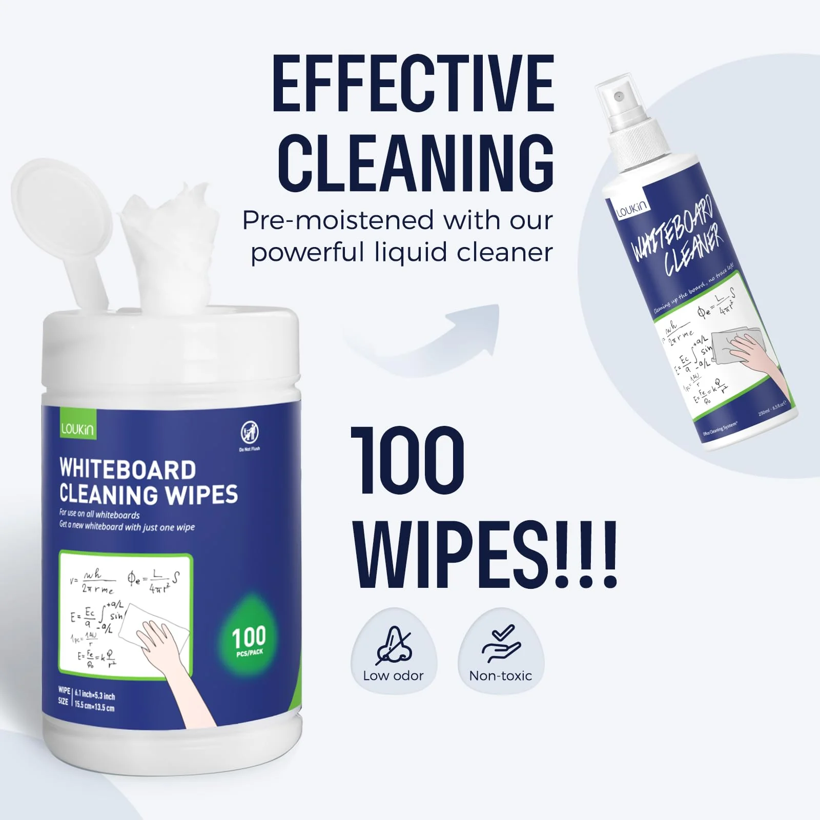 Loukin Whiteboard Cleaning Wipes, Dry Erase Board Cleaning Wipes, Non-toxic White board Wipes, 100 Wipes per Canister - Image 8