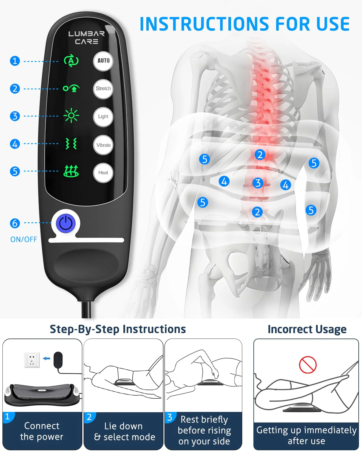 Lower Back Stretching Massager, Electric Lumbar Traction Device with Dynamic Stretching, Adjustable Temperature (104°F - 118.4°F), Vibration Massage - For the Lumbar Spine & Relieving Lower Back Pain - Image 5