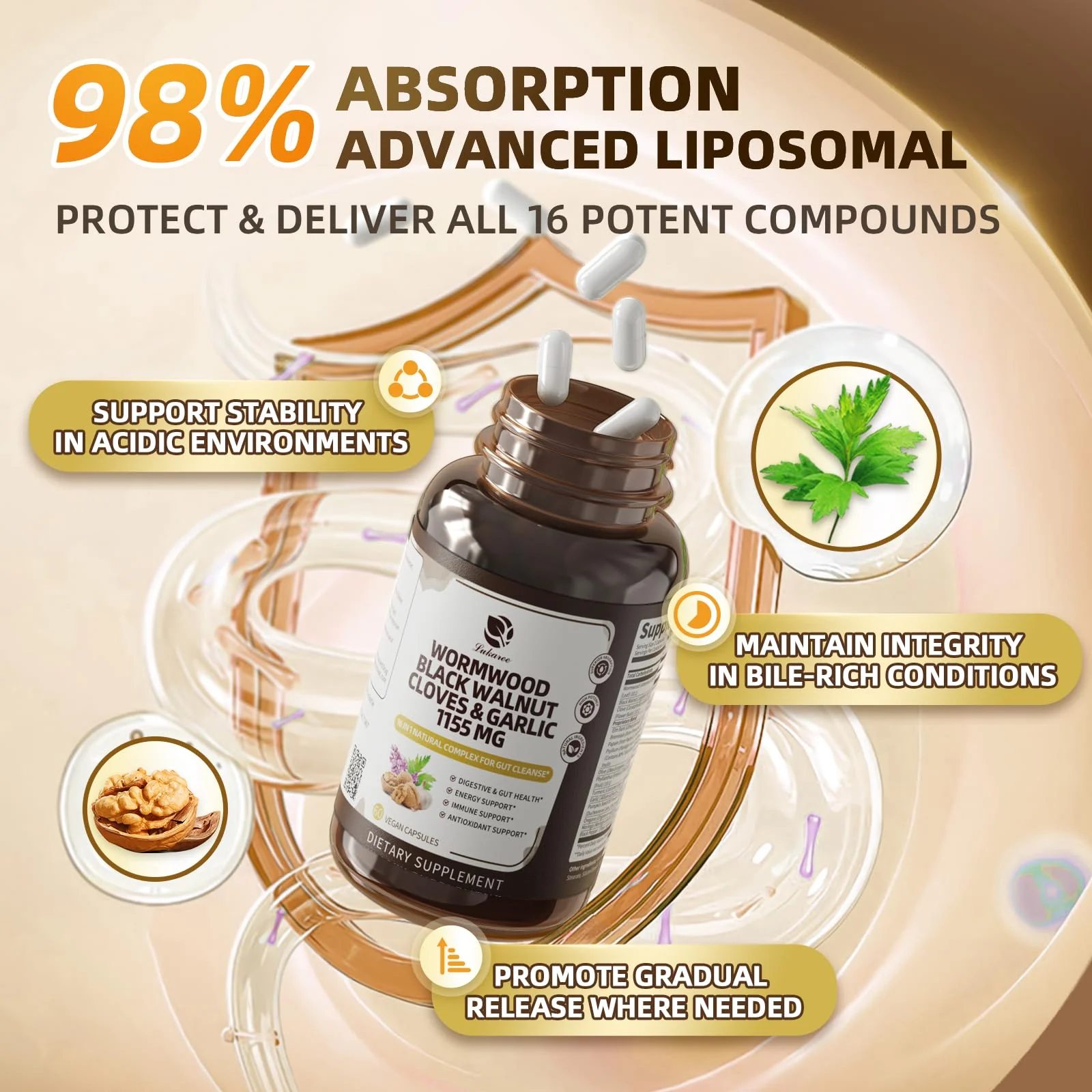 Lukaree 16-in-1 Wormwood Black Walnut Clove Cleanse for Humans Capsules – Natural Gut Detox & Digestive Health with Pumpkin Seeds Garlic Oregano Turmeric, Liposomal Tech 98% Absorption, Vegan 1155mg - Image 5