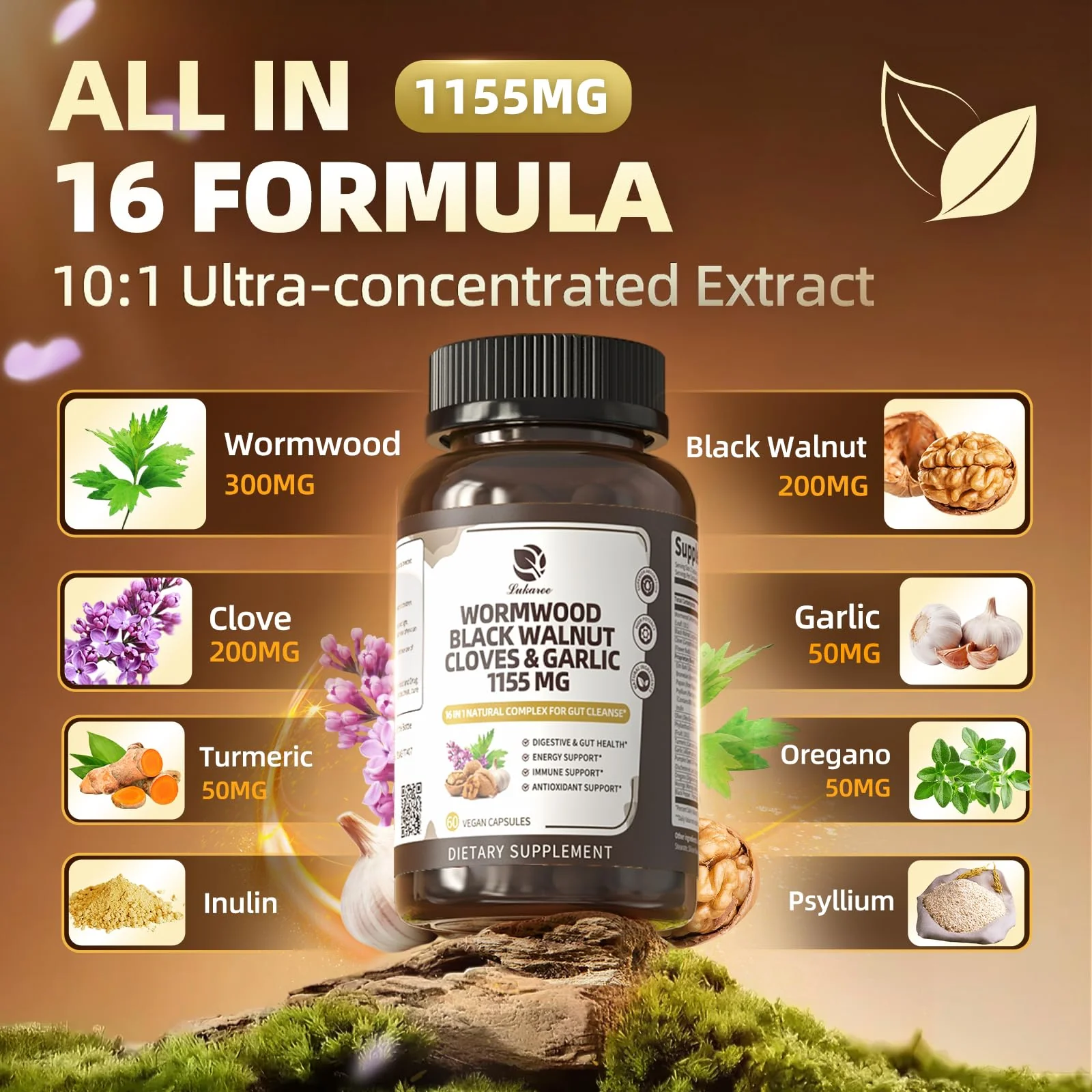 Lukaree 16-in-1 Wormwood Black Walnut Clove Cleanse for Humans Capsules – Natural Gut Detox & Digestive Health with Pumpkin Seeds Garlic Oregano Turmeric, Liposomal Tech 98% Absorption, Vegan 1155mg - Image 7