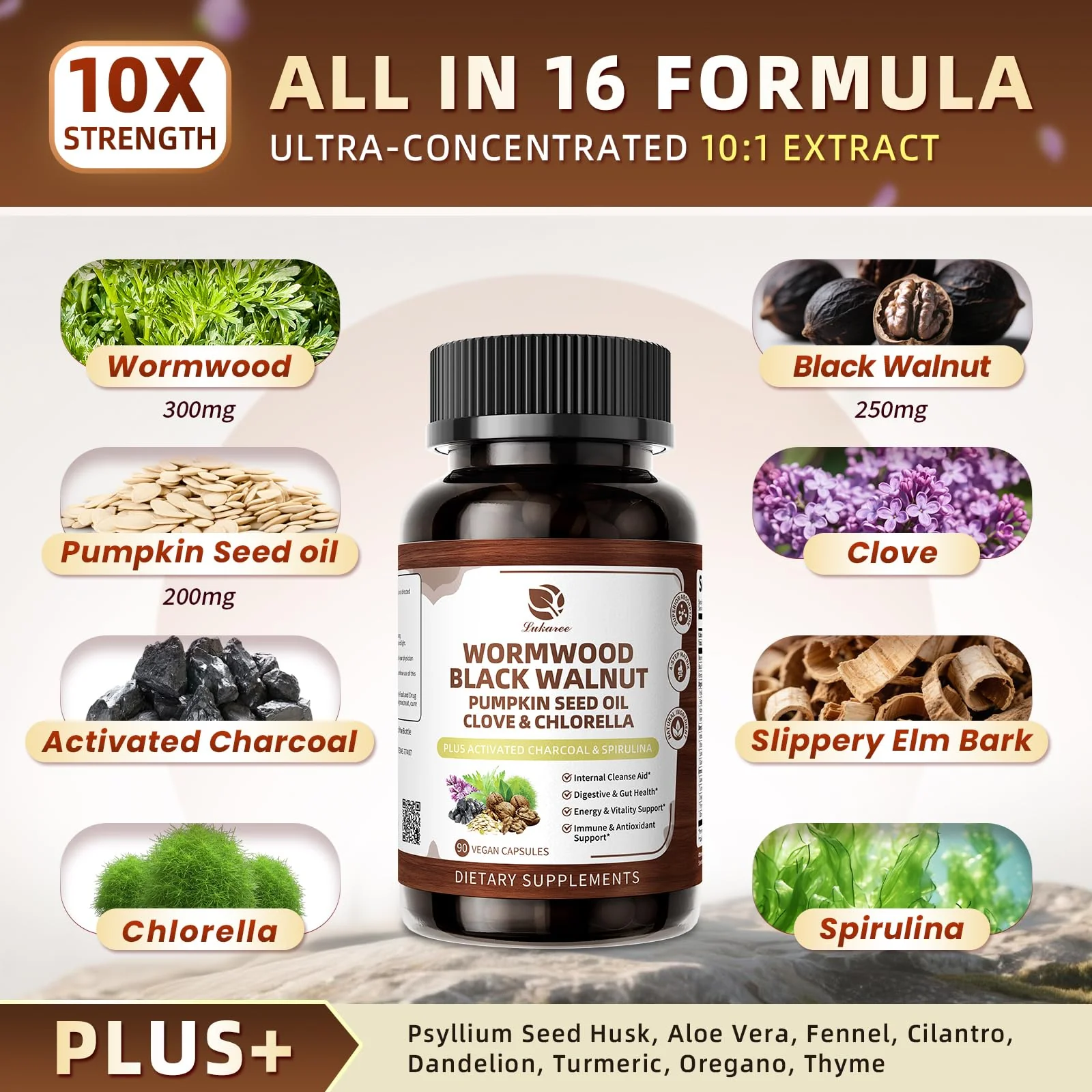 Lukaree Wormwood Black Walnut Cleanse for Human 1200mg – Ultra Gut Cleanse & Digestive Health w/Pumpkin Seed Oil,Clove,Activated Charcoal -10X Concentrated, Men & Women Probiotic Capsules -Vegan,90 CT - Image 9