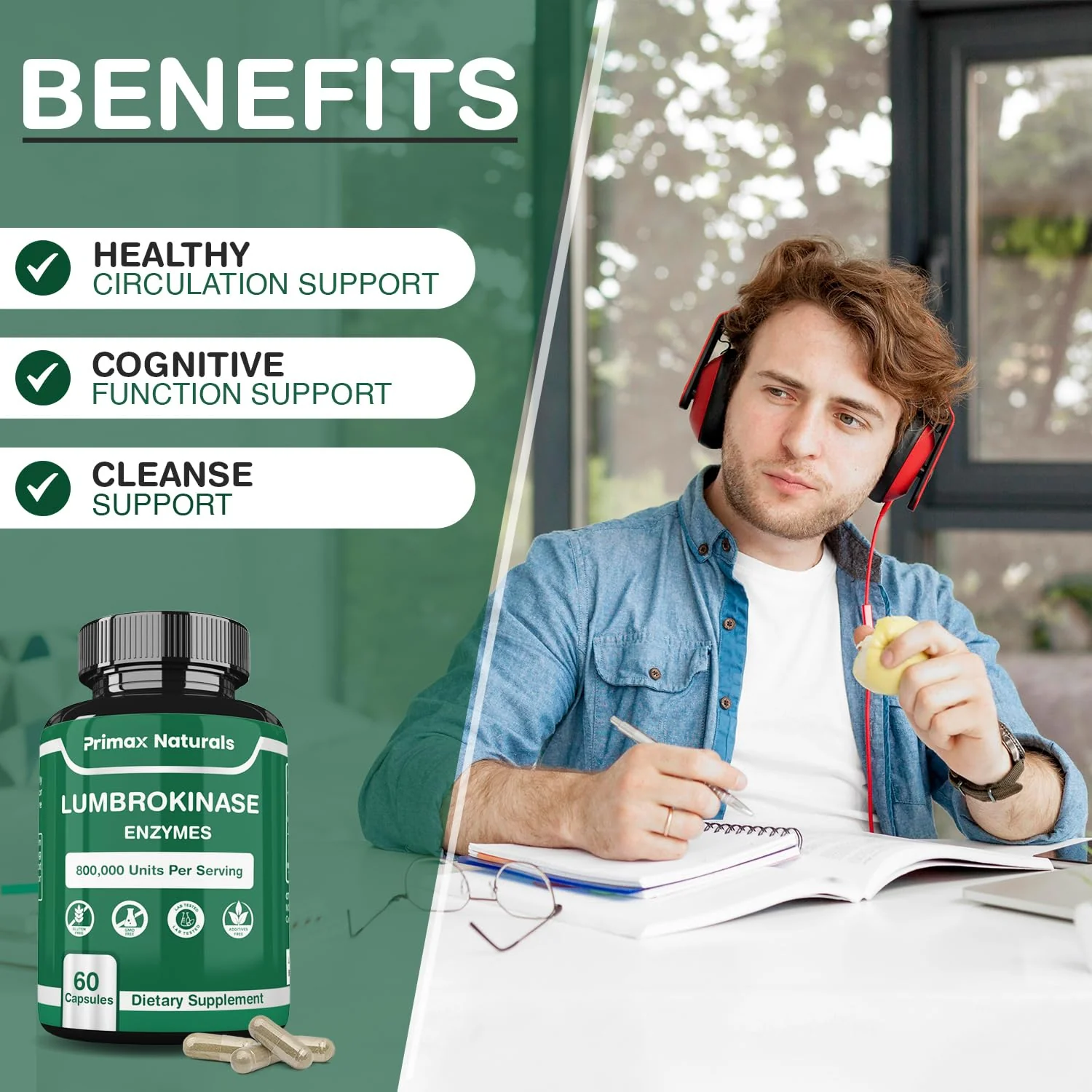 Lumbrokinase Supplement - Lumbrokinase 40 mg per Serving (Max Activity - 800,000 units) Lumbrokinase Enzymes supplement (Similar to Nattokinase) Non GMO, Soy Free, Gluten Free (60 Capsules) - Image 3