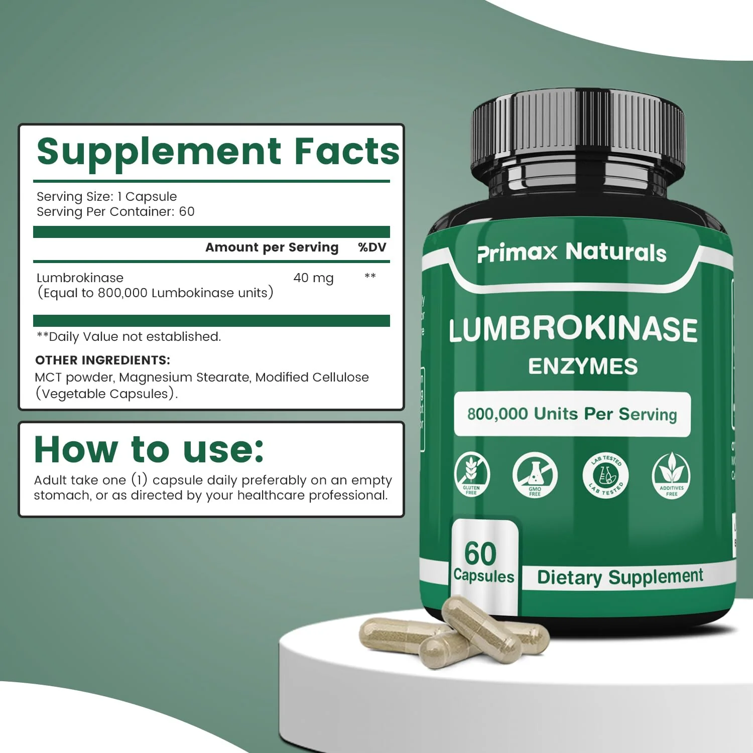 Lumbrokinase Supplement - Lumbrokinase 40 mg per Serving (Max Activity - 800,000 units) Lumbrokinase Enzymes supplement (Similar to Nattokinase) Non GMO, Soy Free, Gluten Free (60 Capsules) - Image 4
