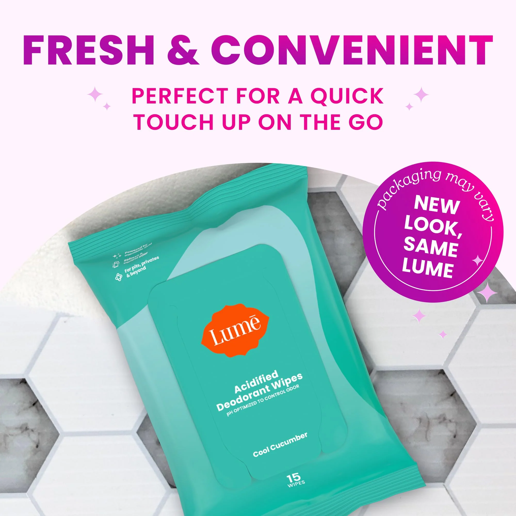 Lume Acidified Deodorant Wipes - 24 Hour Odor Control - Aluminum Free, Baking Soda Free, Skin Loving - 15 Count (Pack of 3) (Cool Cucumber) - Image 2