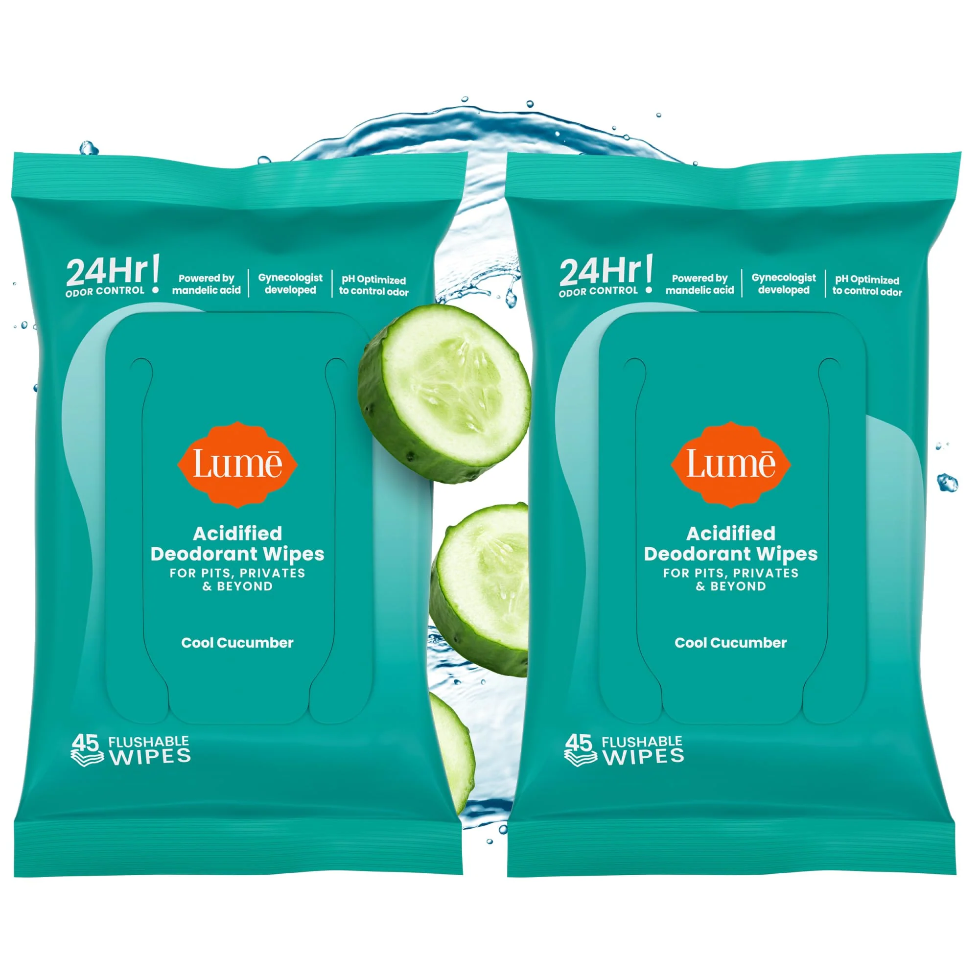 Lume Acidified Deodorant Wipes - 24 Hour Odor Control - Aluminum Free, Baking Soda Free, Skin Loving - 45 Count (Pack of 2) (Cool Cucumber) - Image 2