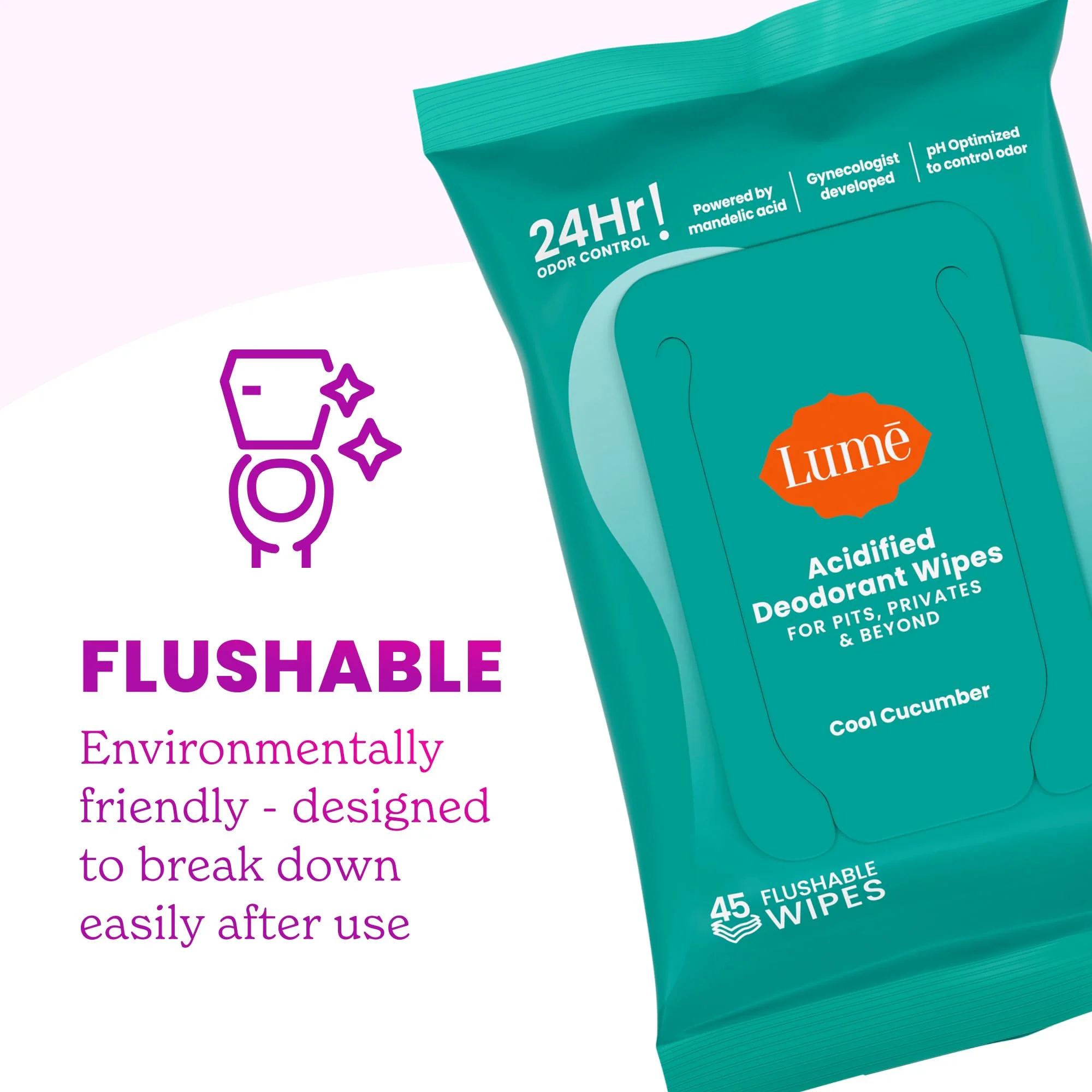 Lume Acidified Deodorant Wipes - 24 Hour Odor Control - Aluminum Free, Baking Soda Free, Skin Loving - 45 Count (Pack of 2) (Cool Cucumber) - Image 8