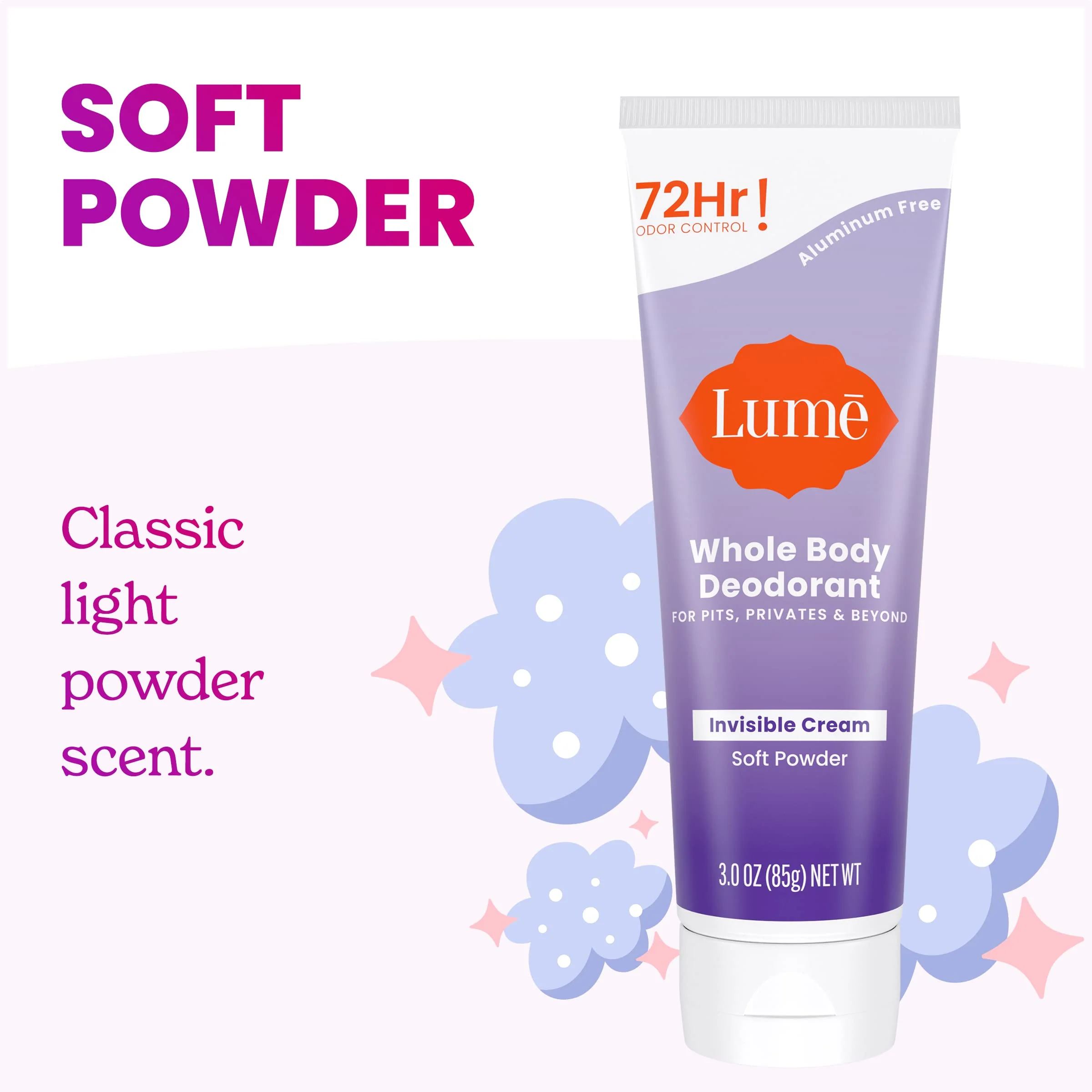 Lume Whole Body Deodorant - Invisible Cream Tube - 72 Hour Odor Control - Aluminum Free, Baking Soda Free, Skin Safe - 3.0 ounce (Pack of 2) (Soft Powder) - Image 5