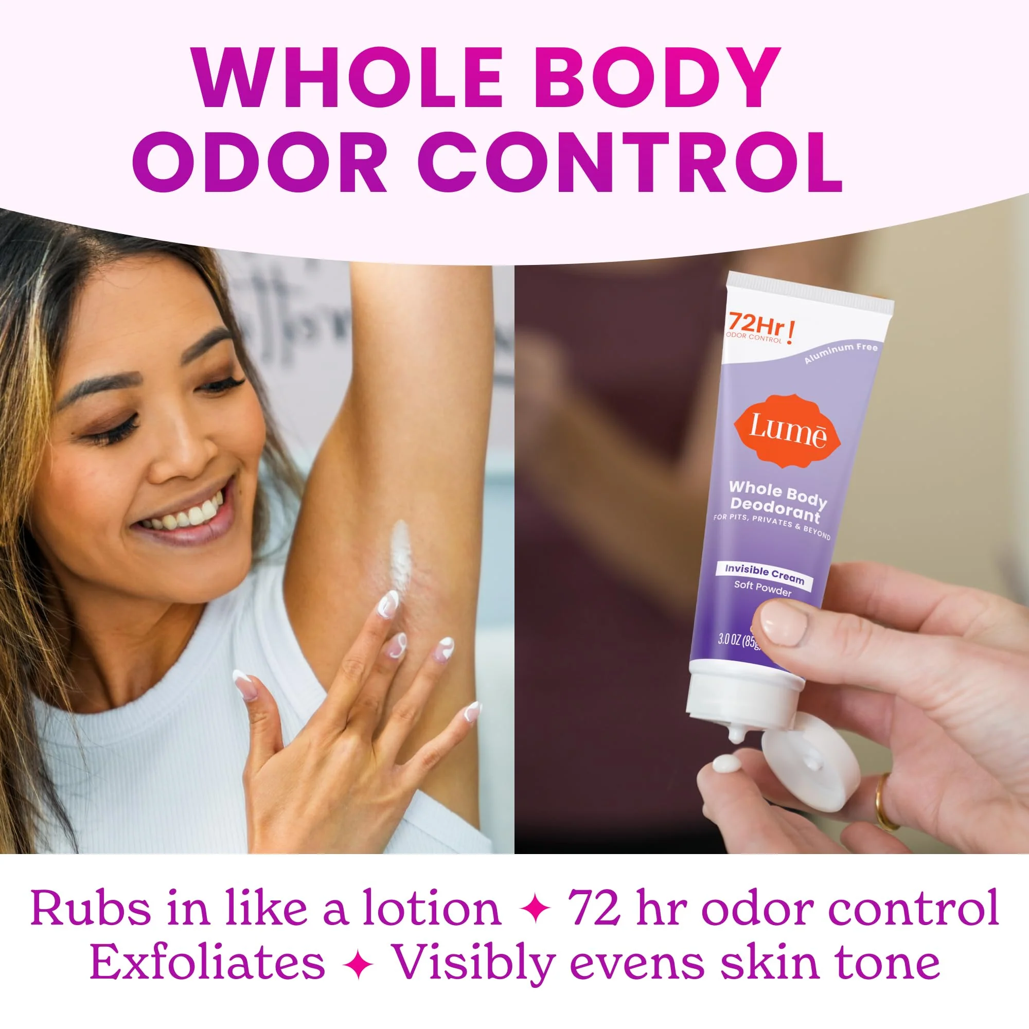 Lume Whole Body Deodorant - Invisible Cream Tube - 72 Hour Odor Control - Aluminum Free, Baking Soda Free, Skin Safe - 3.0 ounce (Pack of 2) (Soft Powder) - Image 9