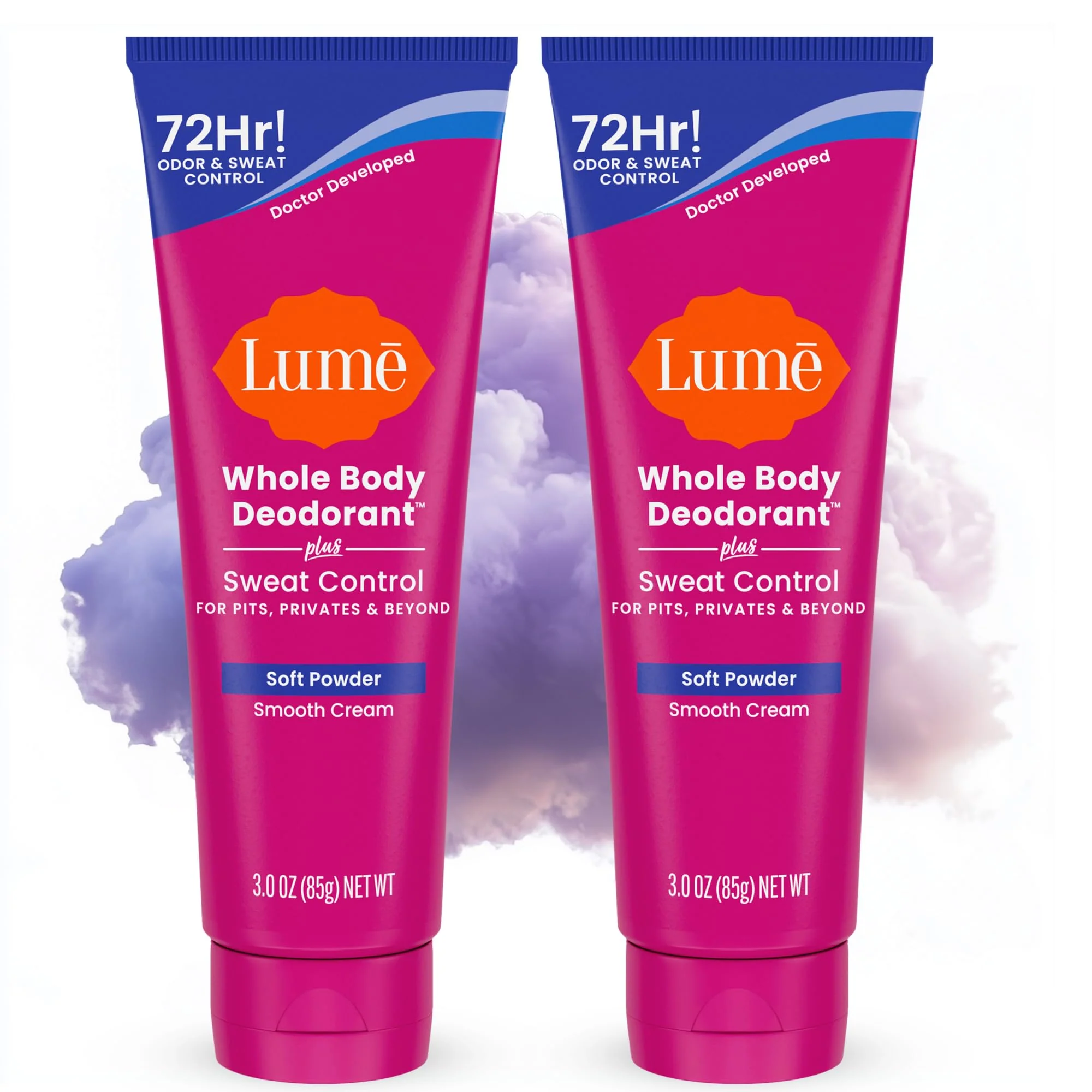 Lume Whole Body Deodorant Plus Sweat Control - Smooth Cream Tube - 72 Hour Odor And Sweat Control - Baking Soda Free, Skin Loving - 3.0 ounce (Pack of 2) (Soft Powder) - Image 2