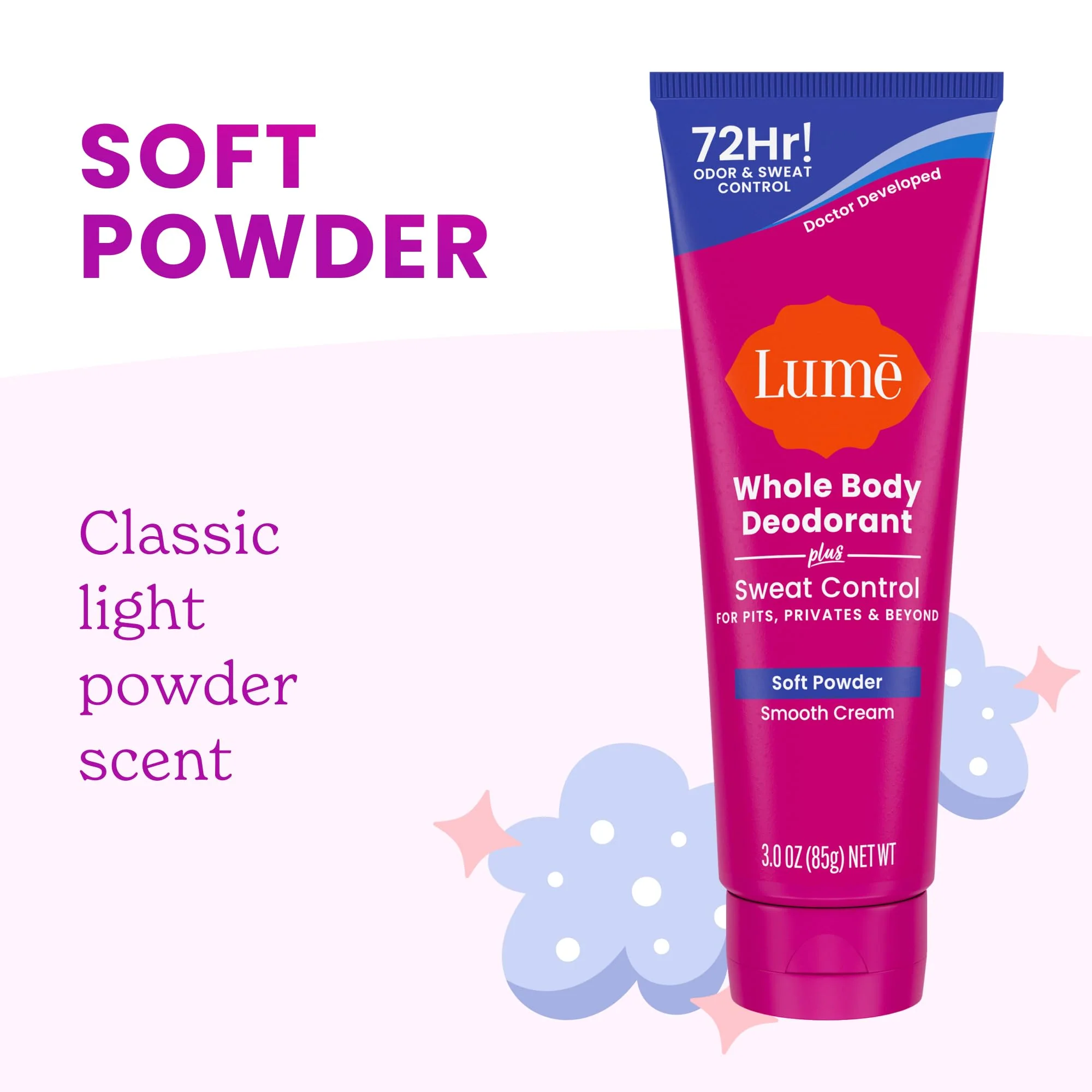 Lume Whole Body Deodorant Plus Sweat Control - Smooth Cream Tube - 72 Hour Odor And Sweat Control - Baking Soda Free, Skin Loving - 3.0 ounce (Pack of 2) (Soft Powder) - Image 8