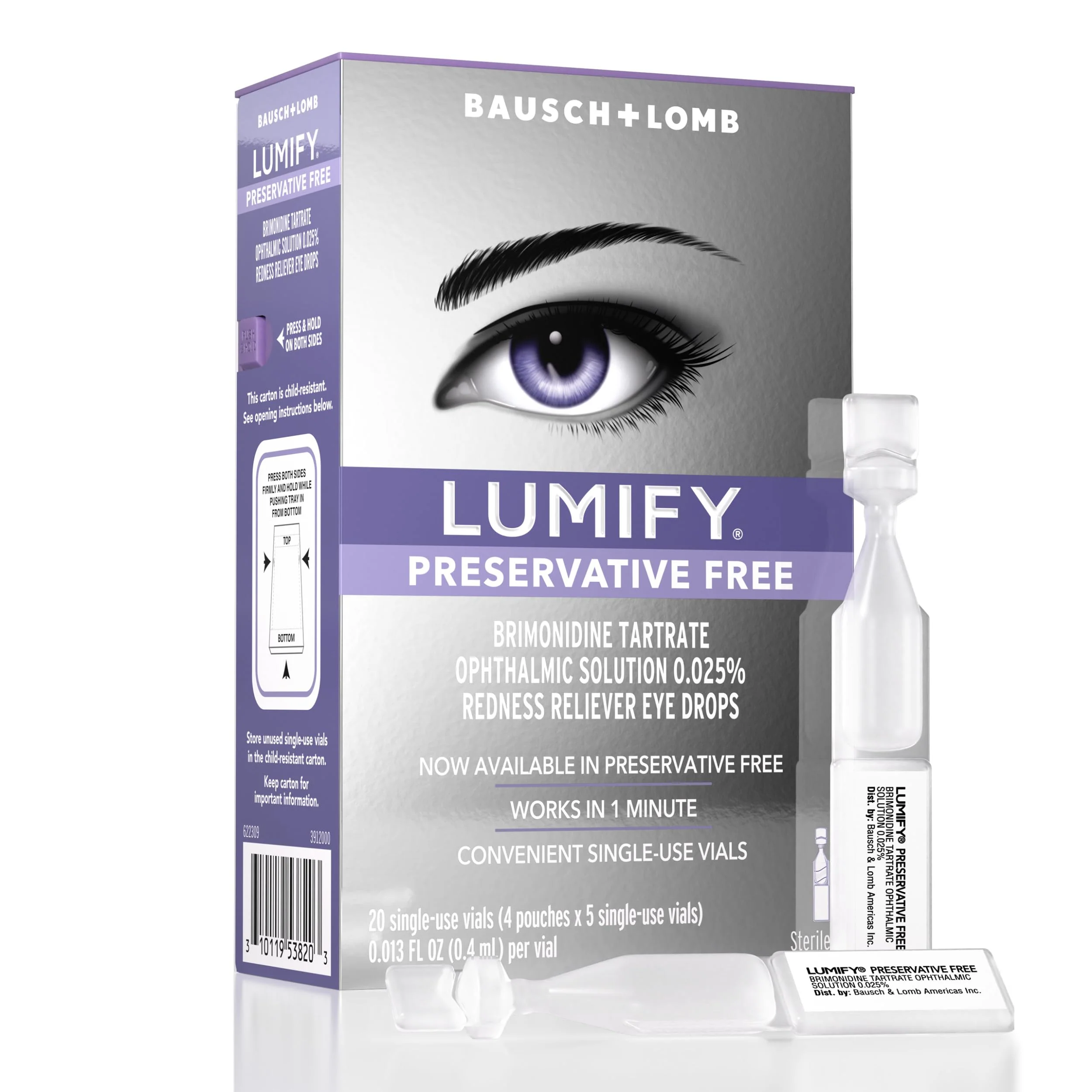 LUMIFY Preservative Free Eye Drops for Red Eyes, Redness Reliever for Sensitive Eye, Brighter and Whiter Looking Eyes, Works in 1 Minute & Lasts Up to 8 Hours, 20 Single-Use Vials