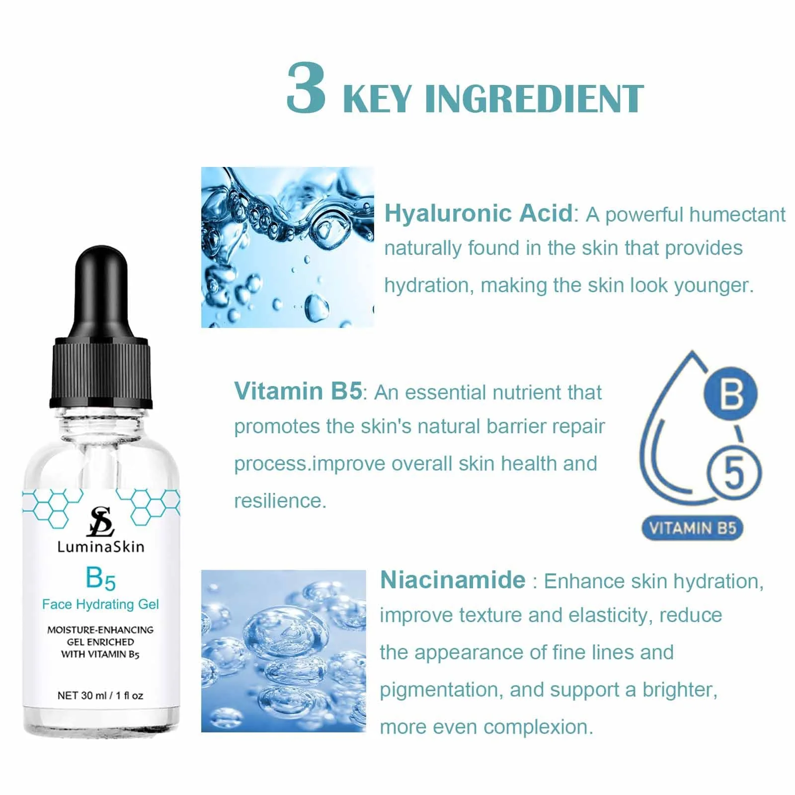 LuminaSkin Hydrating Vitamin B5 Gel Skin Moisture-Enhancing Gel, Hyalu B5 Pure Hyaluronic Acid Serum for Face, with Vitamin B5, Anti-Aging Serum for Fine Lines and Wrinkles 30 ml - Image 8