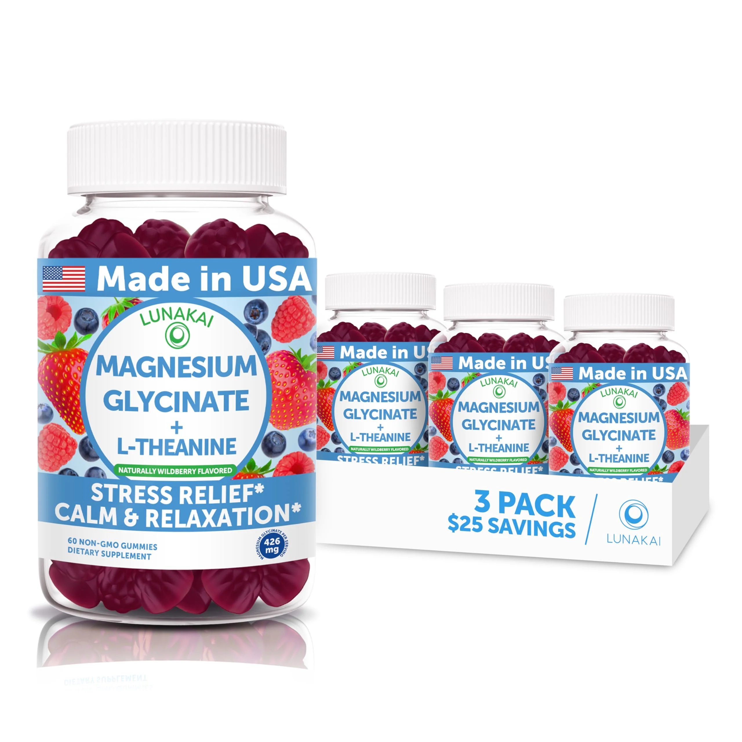 Lunakai USA Made Magnesium Glycinate Gummies 426mg with L-Theanine – Calm, Sleep, Stress Relief for Adults & Kids, Non-GMO, Vegan - 3 Pack