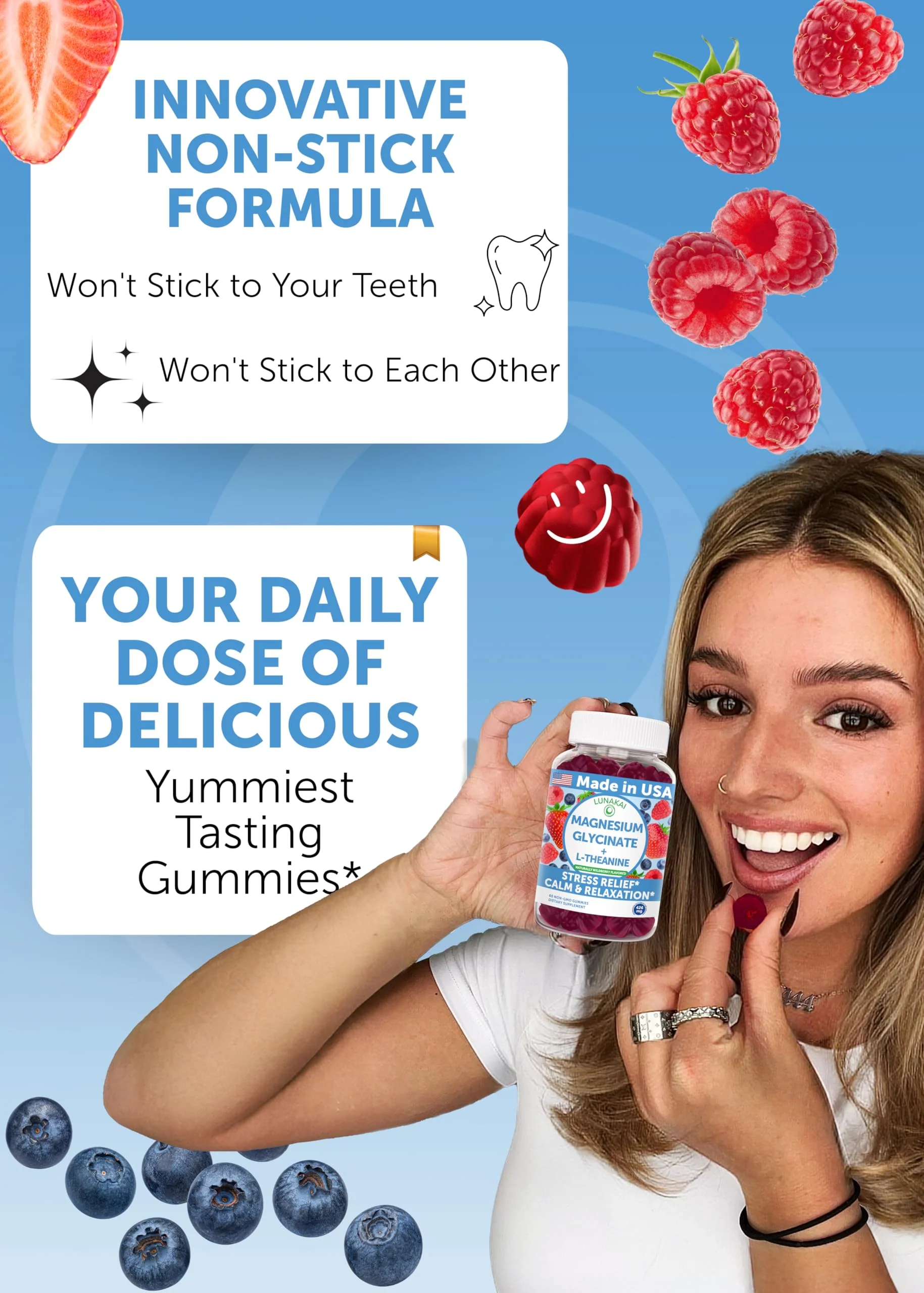 Lunakai USA Made Magnesium Glycinate Gummies 426mg with L-Theanine – Calm, Sleep, Stress Relief for Adults & Kids, Non-GMO, Vegan - 3 Pack - Image 3