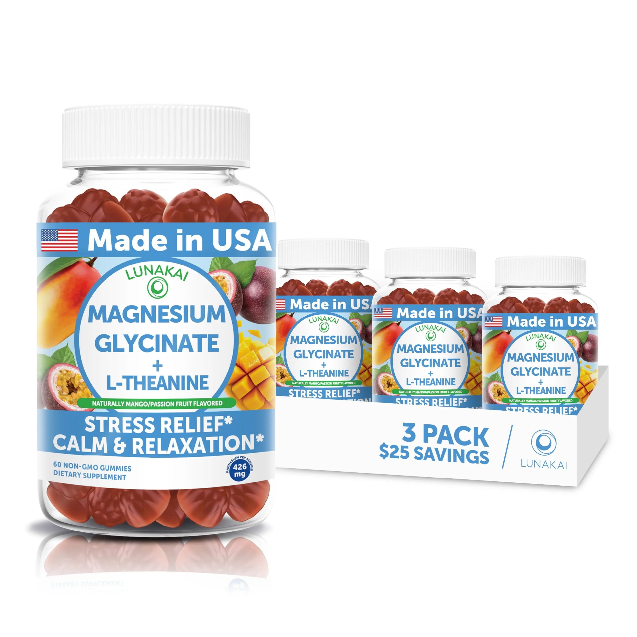 Lunakai USA Made Magnesium Glycinate Gummies with L-Theanine for Kids & Adults – 420mg Magnesium Supplement for Calm, Sleep & Stress Support - 3 Pack