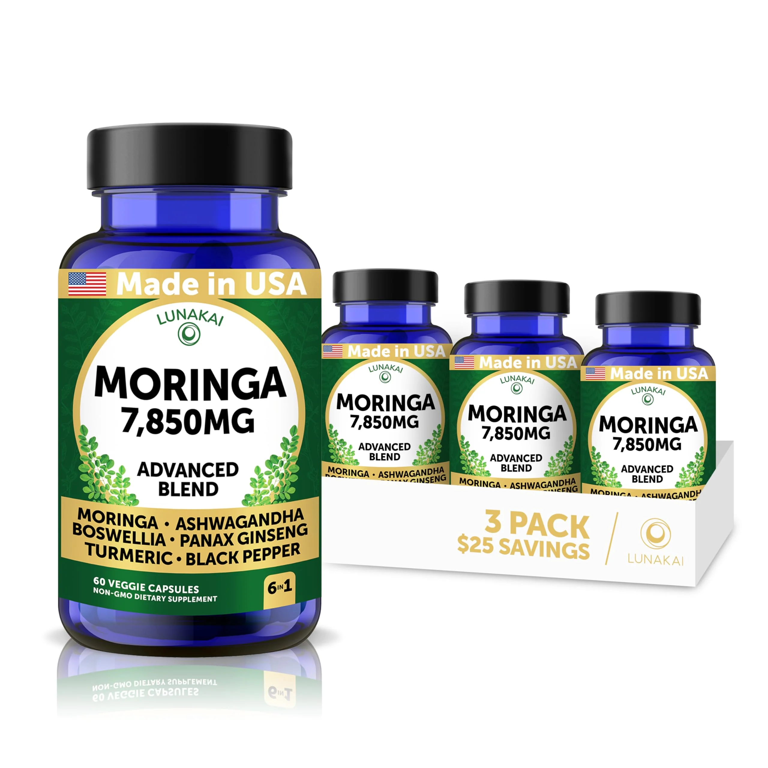 Lunakai USA Made Pure Moringa Capsules – Advanced Moringa Leaf Extract Supplement with Ashwagandha, Boswellia, Ginseng & Turmeric - 3 Pack