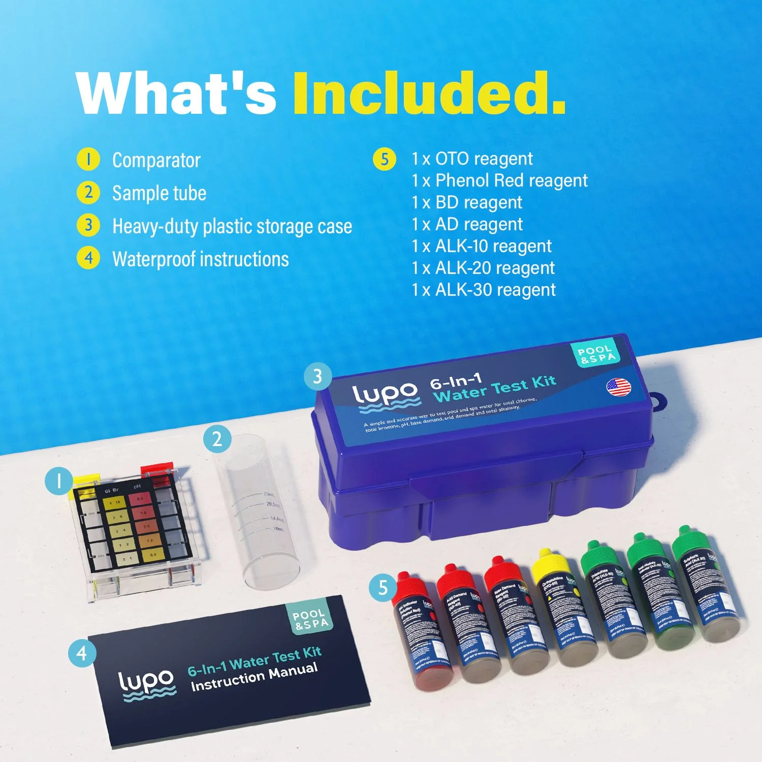 Lupo 6-in-1 Pool Test Kit | Pool Testing Kit for Residential Swimming Pools & Spas for Testing Total Chlorine, Total Bromine, pH, Base Demand, Acid Demand & Total Alkalinity Quick & Accurate Testing - Image 5