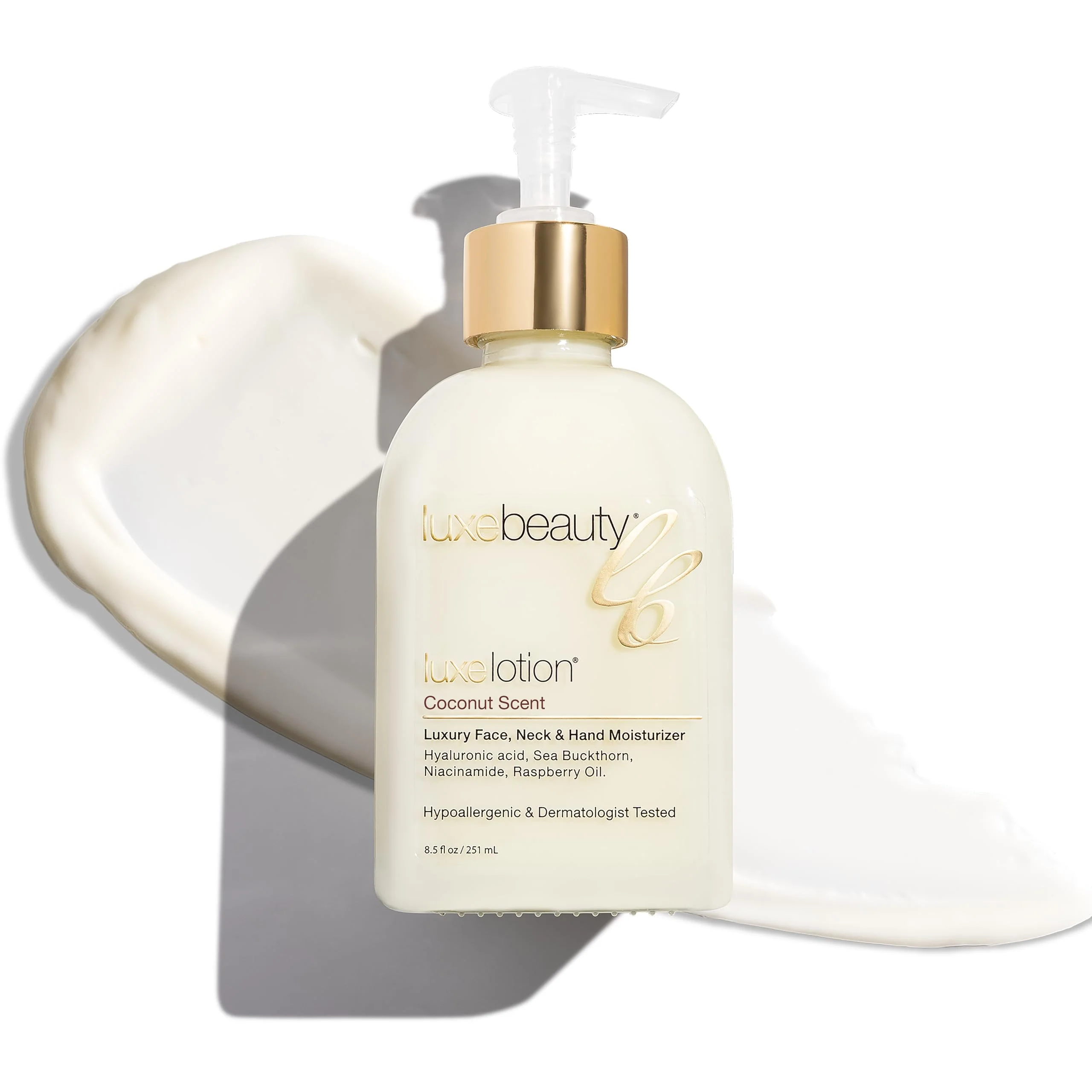 LUXELOTION Non-Greasy Moisturizer for Face, Neck & Hands – Coconut Scented Lotion, Anti-Aging, Hyaluronic Acid Body Lotion - Hyaluronic Acid for Body with Organic & Plant Based Ingredients