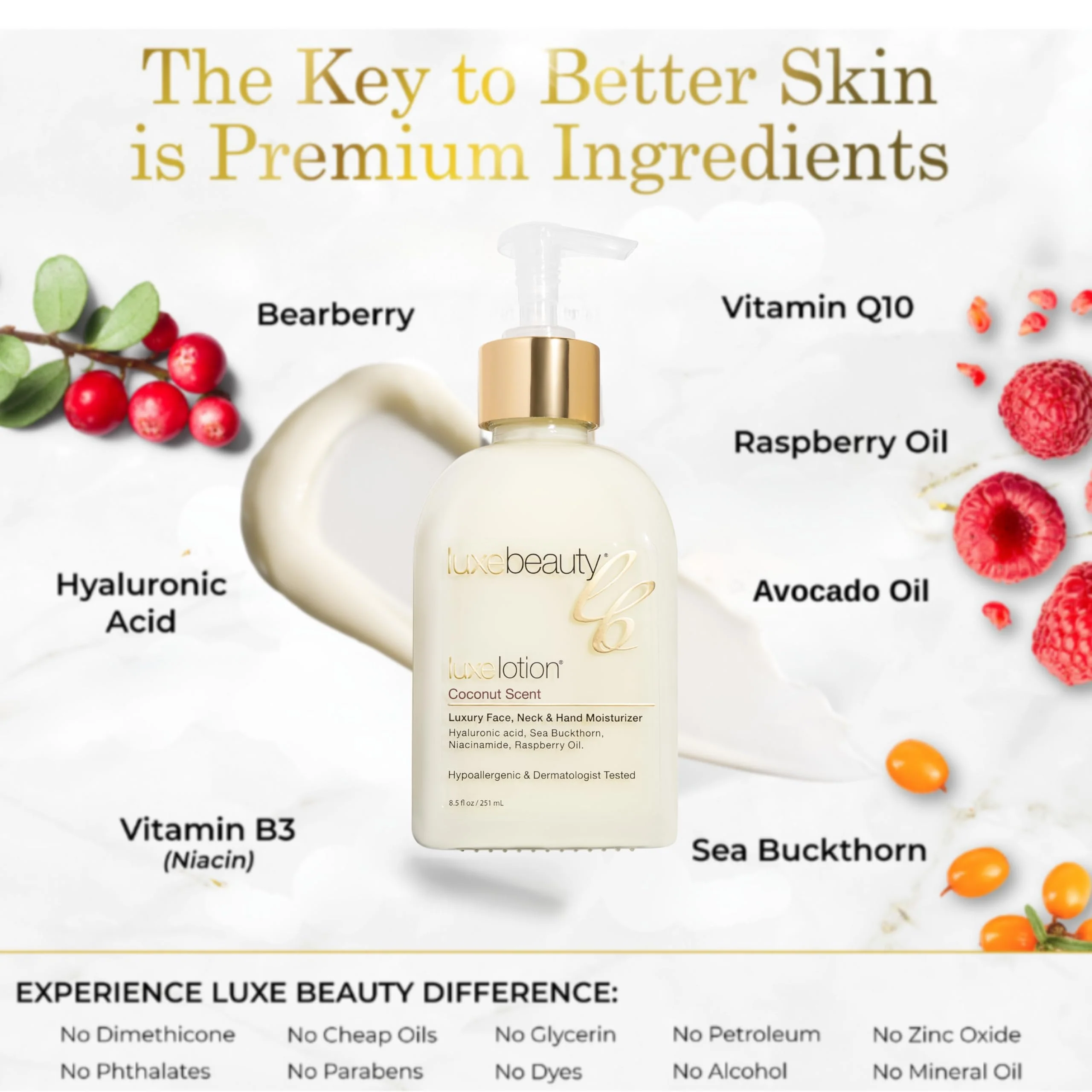 LUXELOTION Non-Greasy Moisturizer for Face, Neck & Hands – Coconut Scented Lotion, Anti-Aging, Hyaluronic Acid Body Lotion - Hyaluronic Acid for Body with Organic & Plant Based Ingredients - Image 4