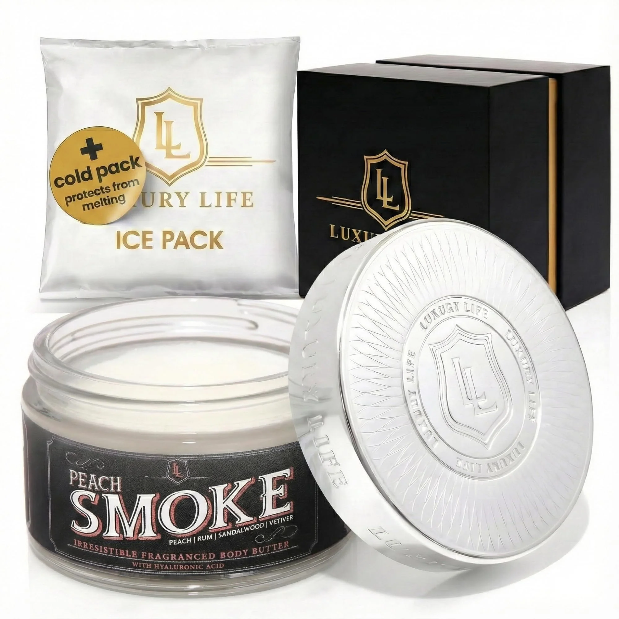 LUXURY LIFE BUTTER - Irresistibly Scented Body Butter with Hyaluronic Acid for Ultimate Moisture. Luxurious Natural Fragrance. Hydrates for a Non-Greasy Glamorous Glow, Peach Smoke, 5 oz.