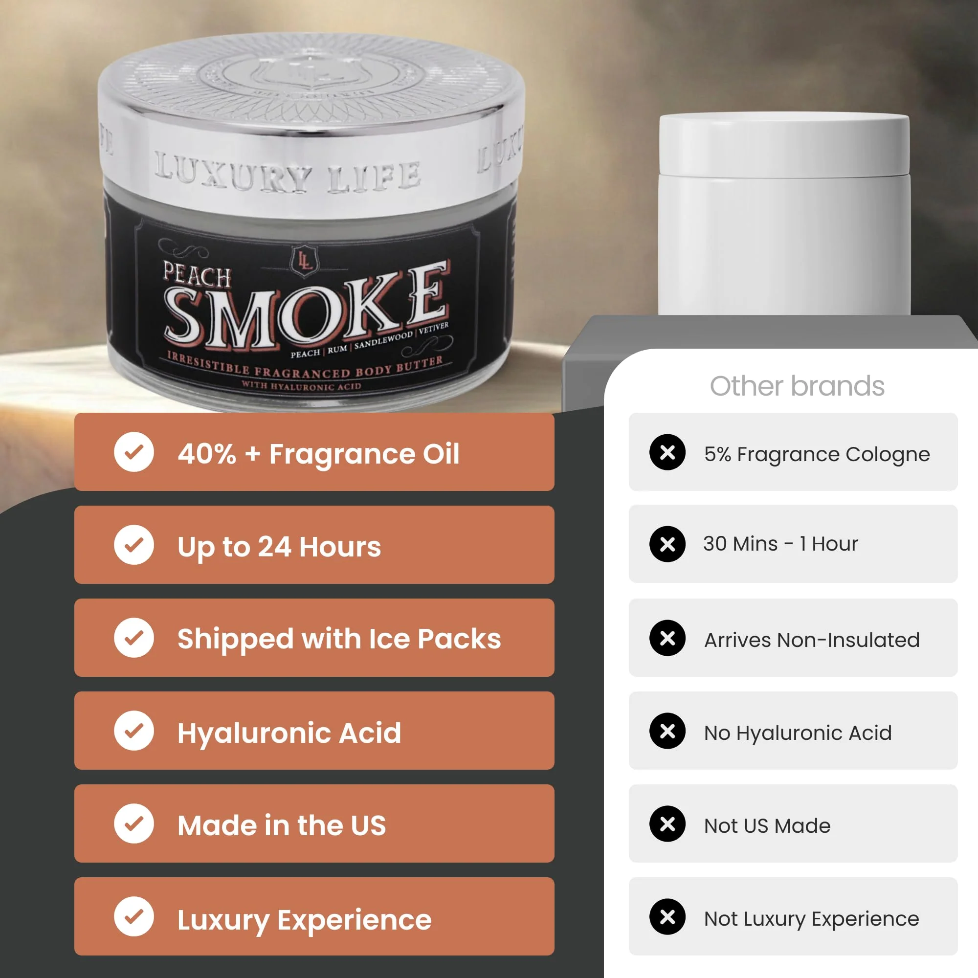 LUXURY LIFE BUTTER - Irresistibly Scented Body Butter with Hyaluronic Acid for Ultimate Moisture. Luxurious Natural Fragrance. Hydrates for a Non-Greasy Glamorous Glow, Peach Smoke, 5 oz. - Image 6