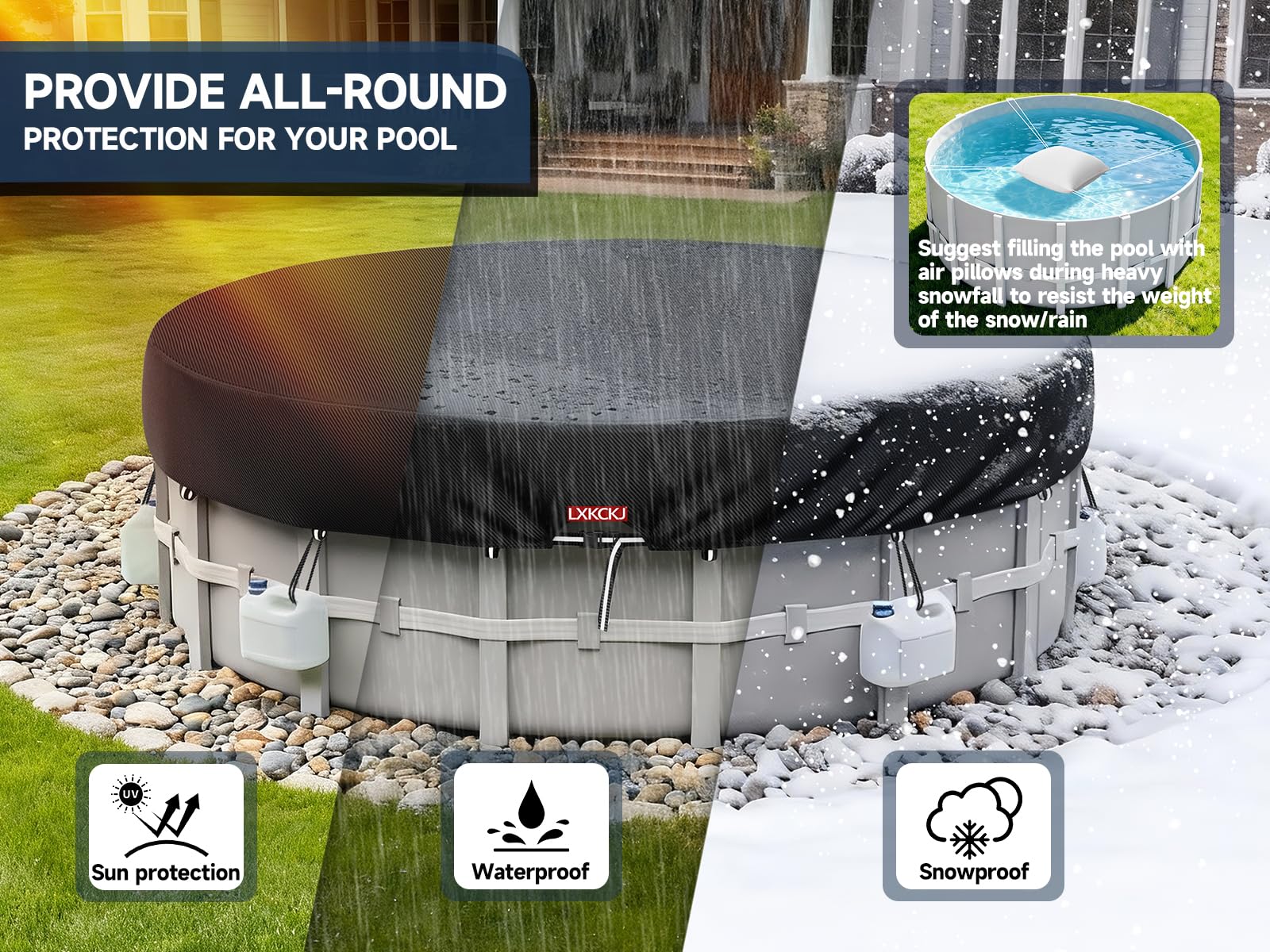 LXKCKJ 10 Ft Round Pool Cover, Solar Pool Covers for Above Ground Pools, Summer Pool Cover Protector with Cover Accessories, Round Hot Tub Cover Ideal for Waterproof and Dustproof (Black) - Image 3