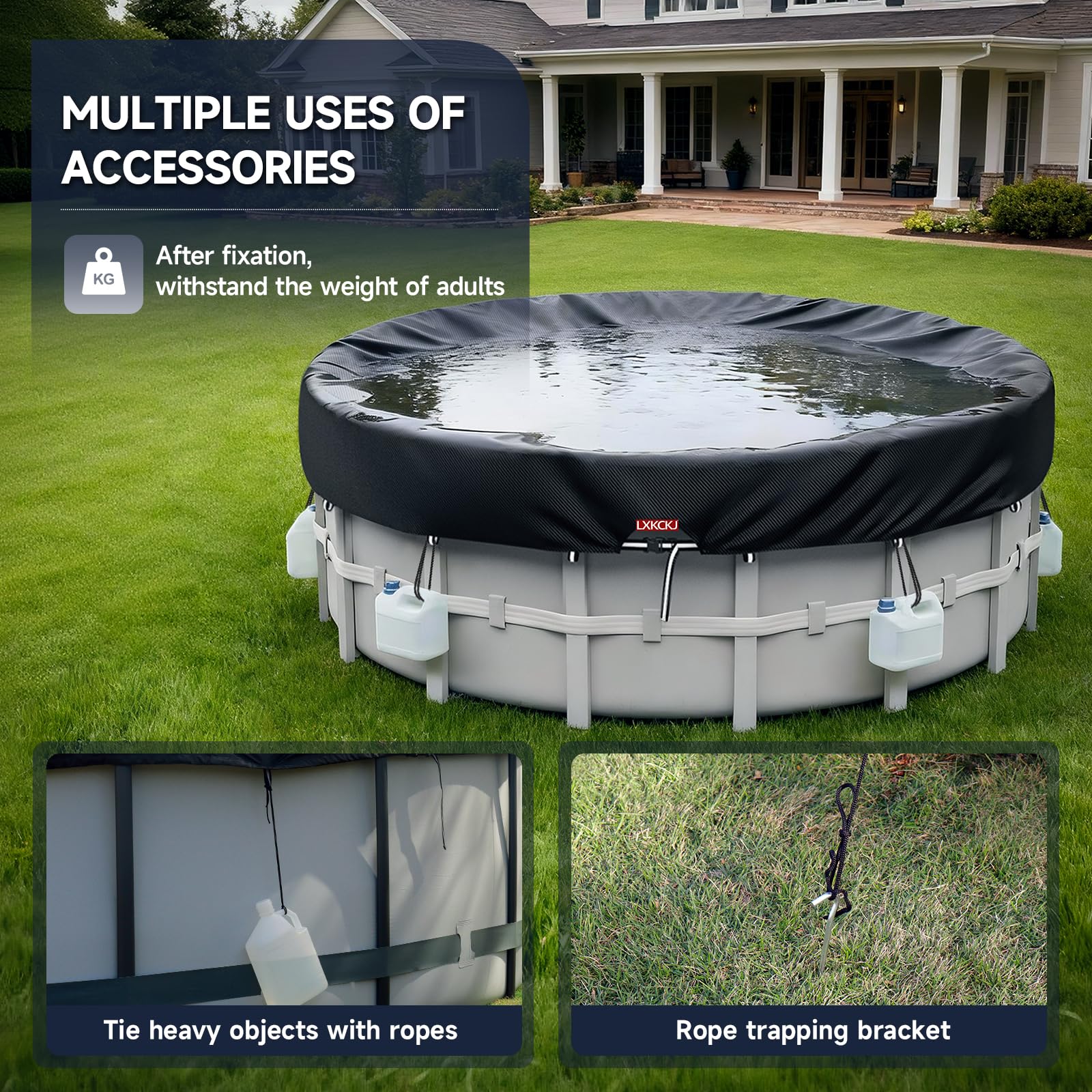 LXKCKJ 10 Ft Round Pool Cover, Solar Pool Covers for Above Ground Pools, Summer Pool Cover Protector with Cover Accessories, Round Hot Tub Cover Ideal for Waterproof and Dustproof (Black) - Image 4