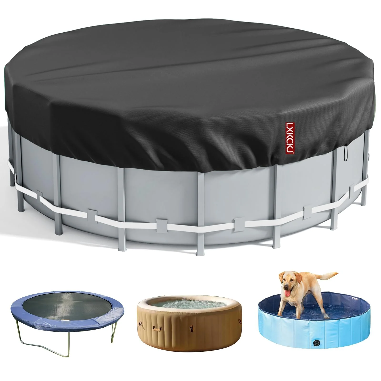 LXKCKJ 15 Ft Round Pool Cover, Solar Pool Covers for Above Ground Pools, Summer Pool Cover Protector with Cover Accessories, PE Tarp Ideal for Waterproof and Dustproof (Black)