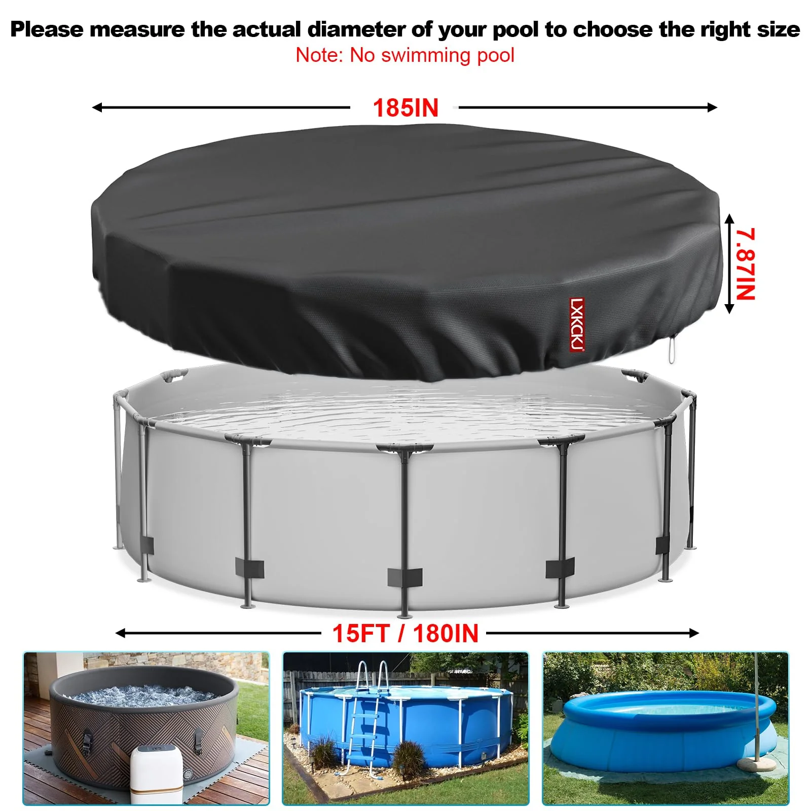 LXKCKJ 15 Ft Round Pool Cover, Solar Pool Covers for Above Ground Pools, Summer Pool Cover Protector with Cover Accessories, PE Tarp Ideal for Waterproof and Dustproof (Black) - Image 8