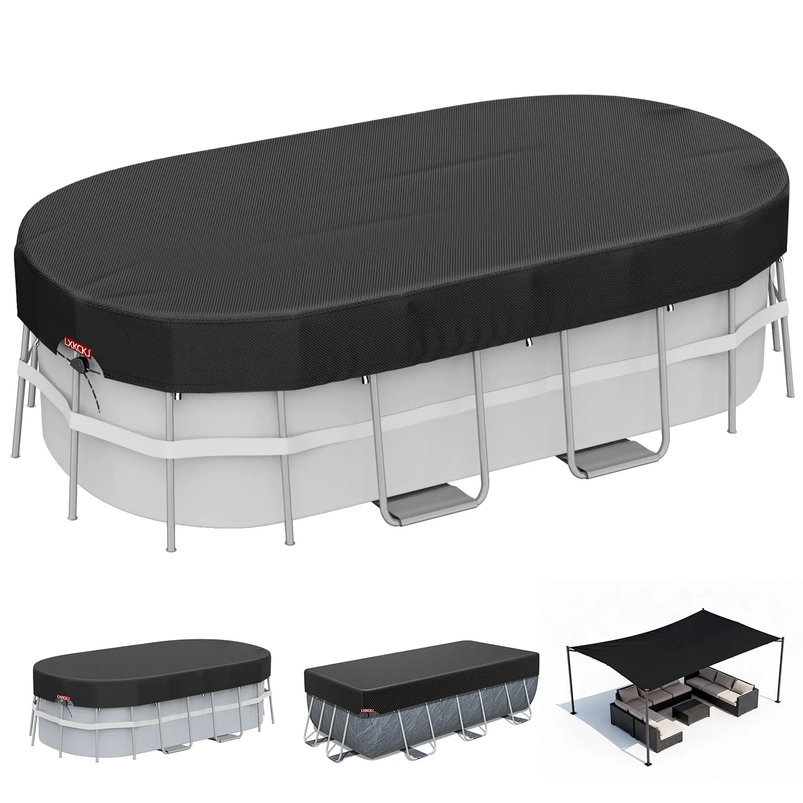 LXKCKJ 7x10 FT Rectangular Pool Cover for Above Ground Pool, Solar Oval Pool Cover Protector, Winter Pool Cover with Accessories Set Ideal for Cold and UV Resistant, Dustproof (Black)