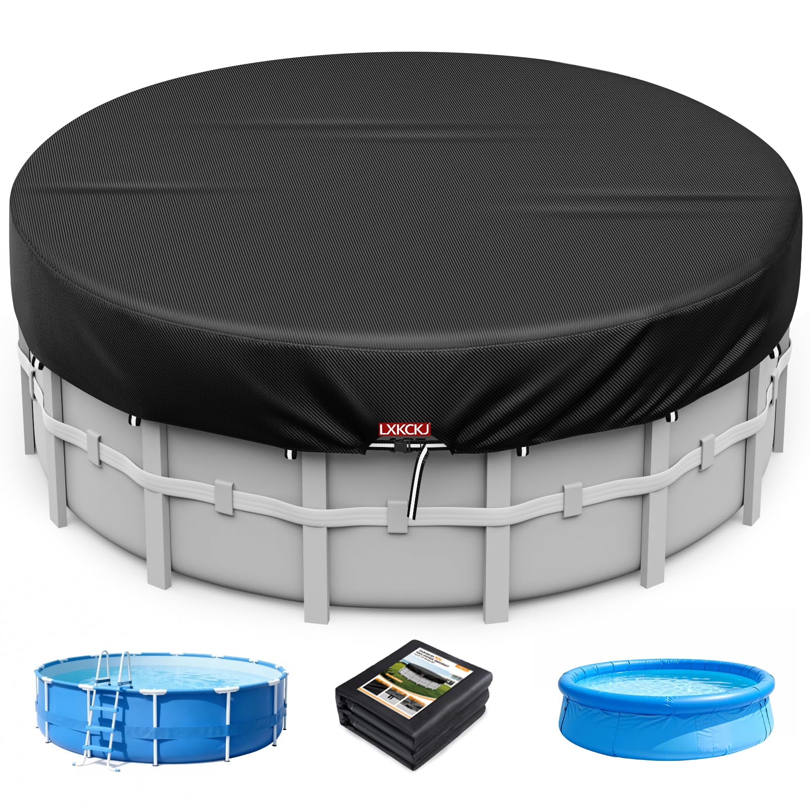 LXKCKJ 8 Ft Round Pool Cover, Solar Pool Covers for Above Ground Pools, Stock Tank Pool Covers Protector with Accessories, Round Hot Tub Cover Ideal for Waterproof and Dustproof (Black)