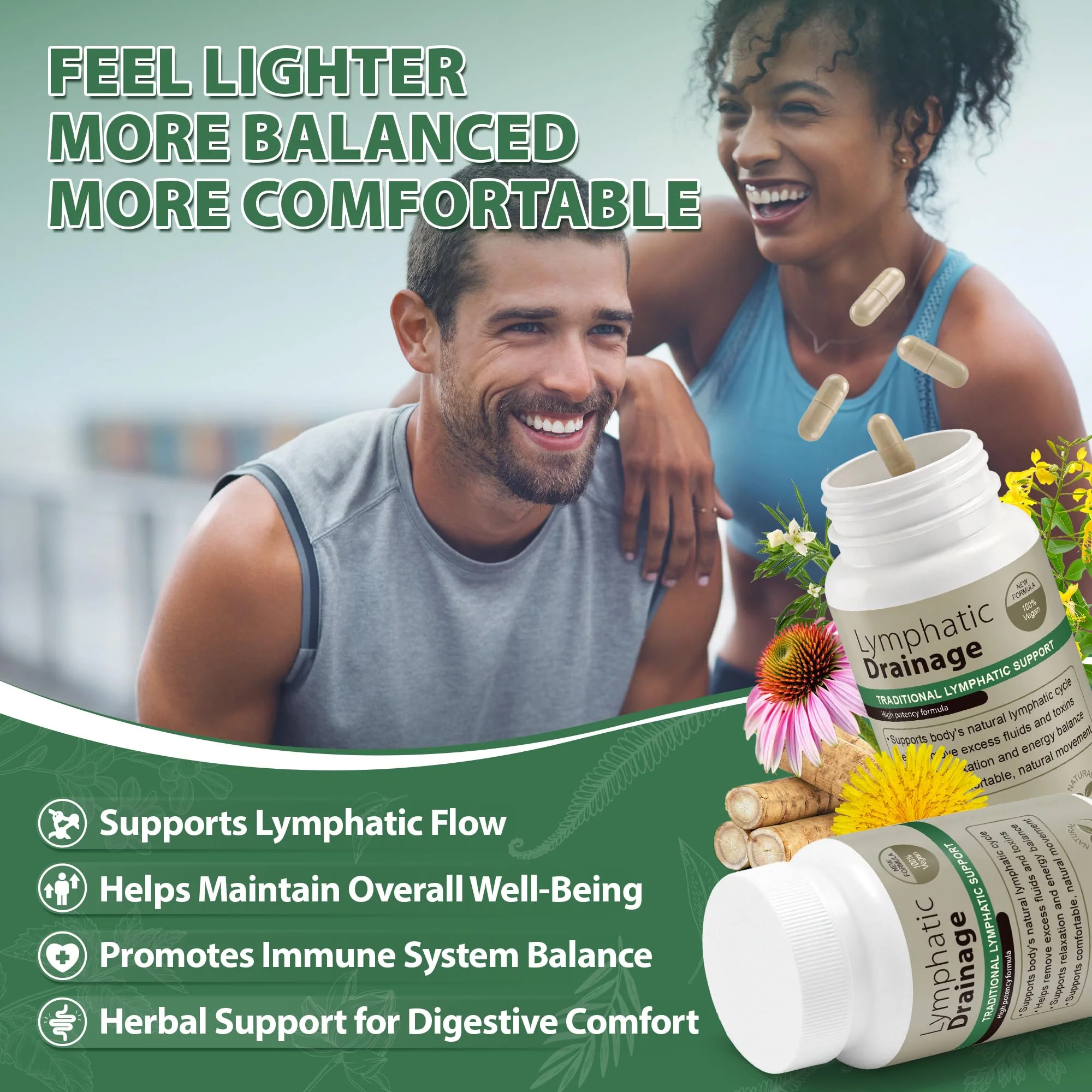 Lymphatic Drainage Capsules Natural Herbal Supplement for Immune Health & Fluid Balance, with Echinacea, Dandelion, and Burdock 60 Capsules - Image 4