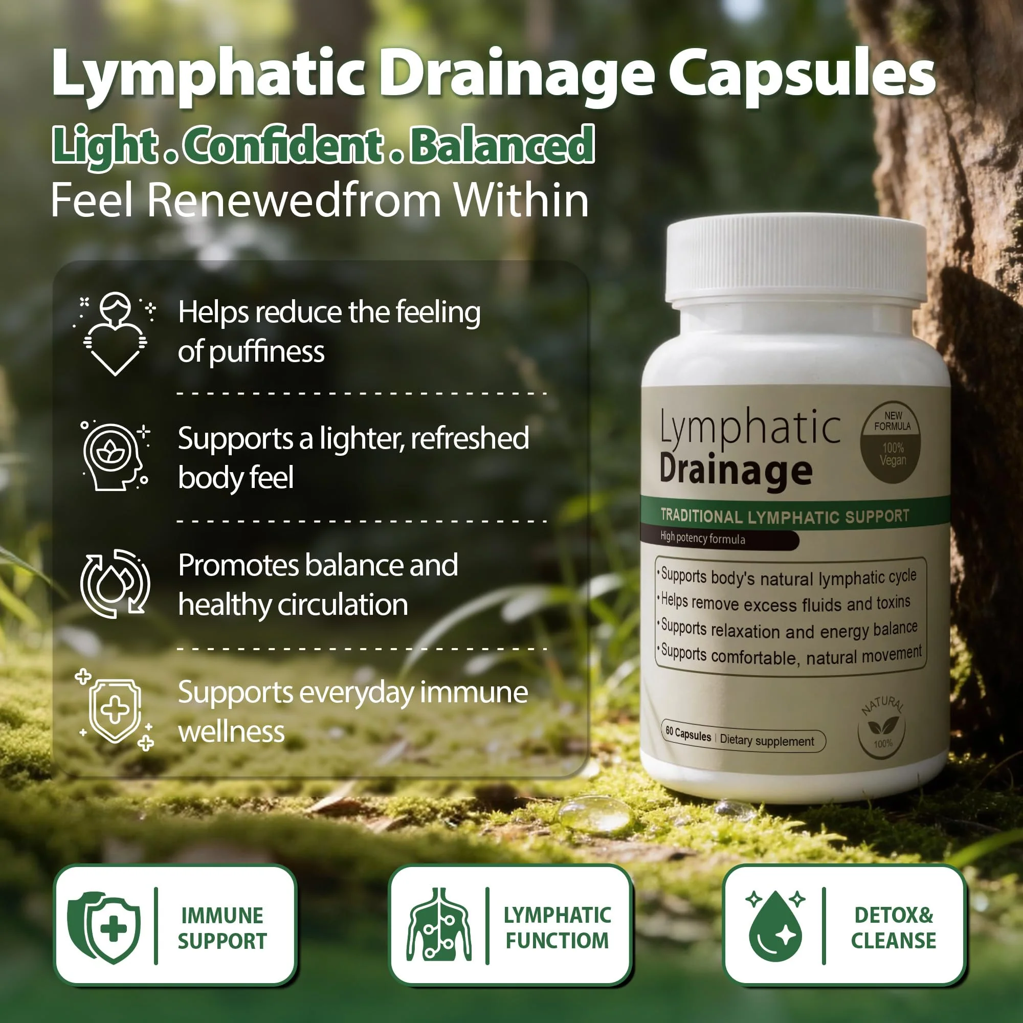 Lymphatic Drainage Capsules Natural Herbal Supplement for Immune Health & Fluid Balance, with Echinacea, Dandelion, and Burdock 60 Capsules - Image 7