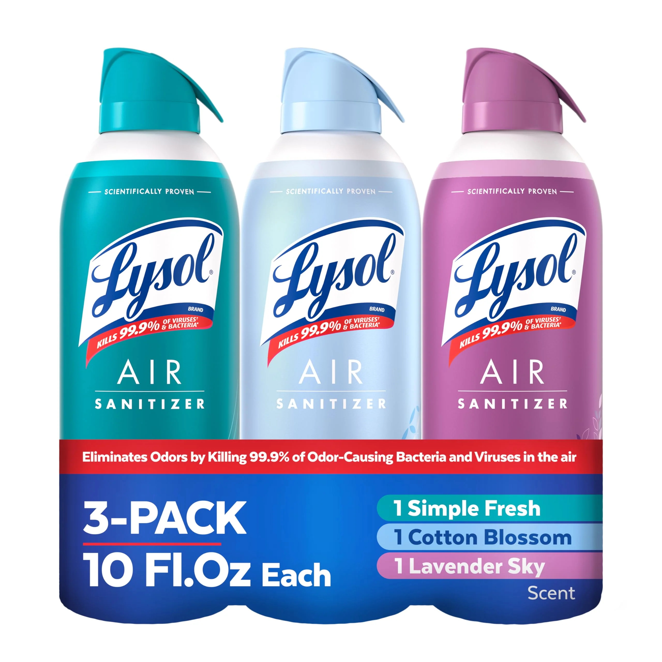 Lysol Air Sanitizer Spray with Bacterial Odor Eliminator for Home & Office, Sanitizing Air Spray, Air Freshener Alternative, Simple Fresh + Cotton Blossom + Lavender Sky, 10 oz (Pack of 3)