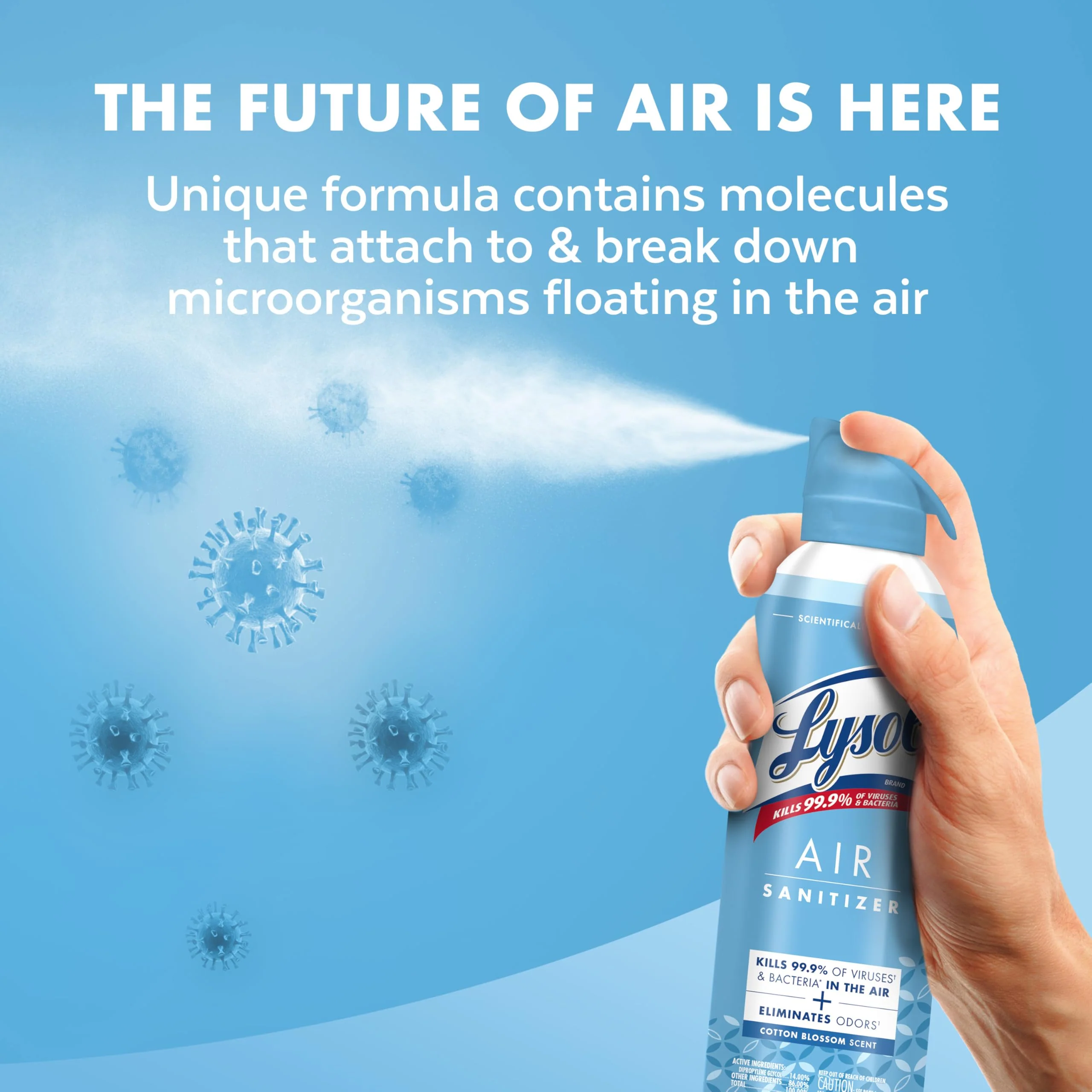Lysol Air Sanitizer Spray with Bacterial Odor Eliminator for Home & Office, Sanitizing Air Spray, Air Freshener Alternative, Simple Fresh + Cotton Blossom + Lavender Sky, 10 oz (Pack of 3) - Image 4