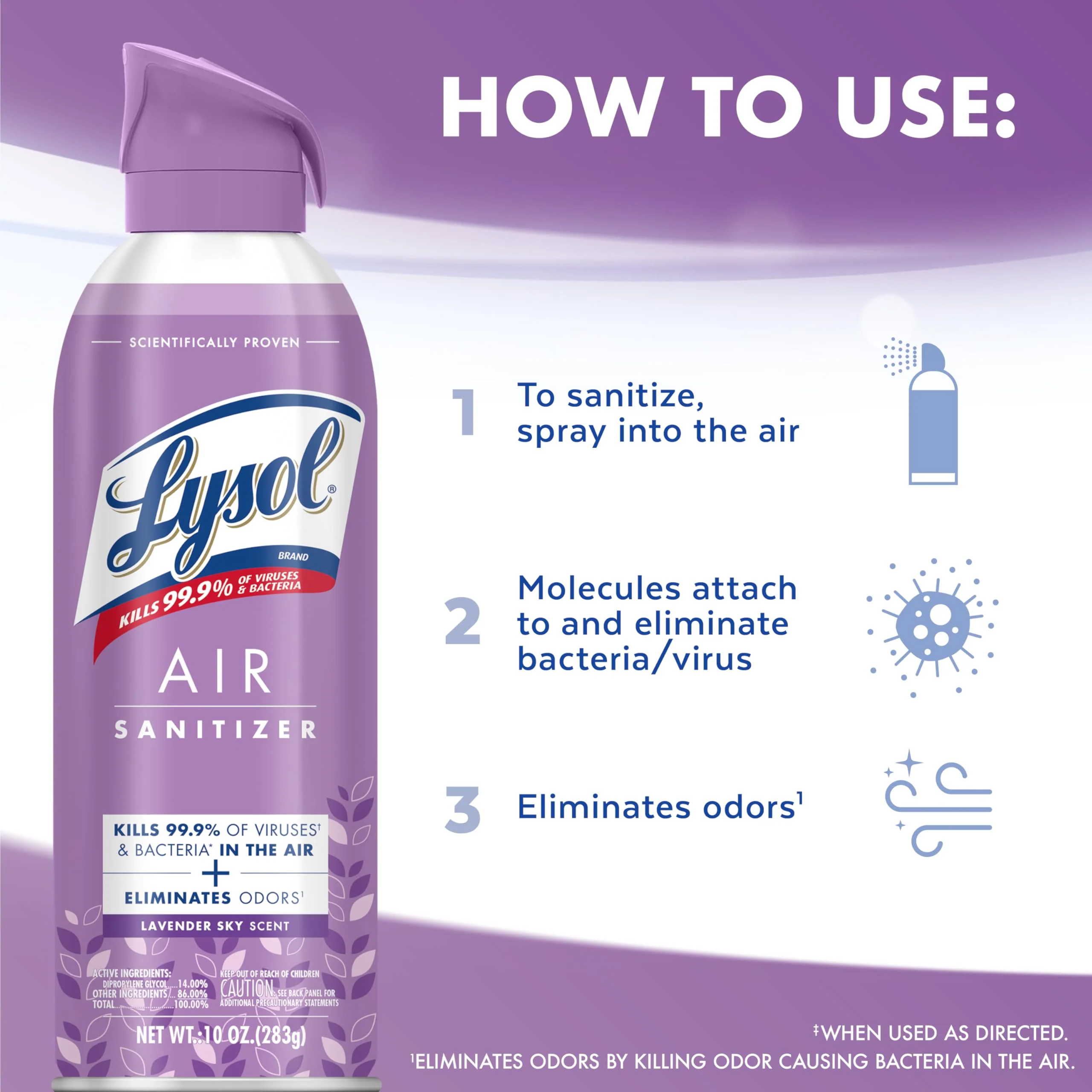 Lysol Air Sanitizer Spray with Bacterial Odor Eliminator for Home & Office, Sanitizing Air Spray, Air Freshener Alternative, Simple Fresh + Cotton Blossom + Lavender Sky, 10 oz (Pack of 3) - Image 6