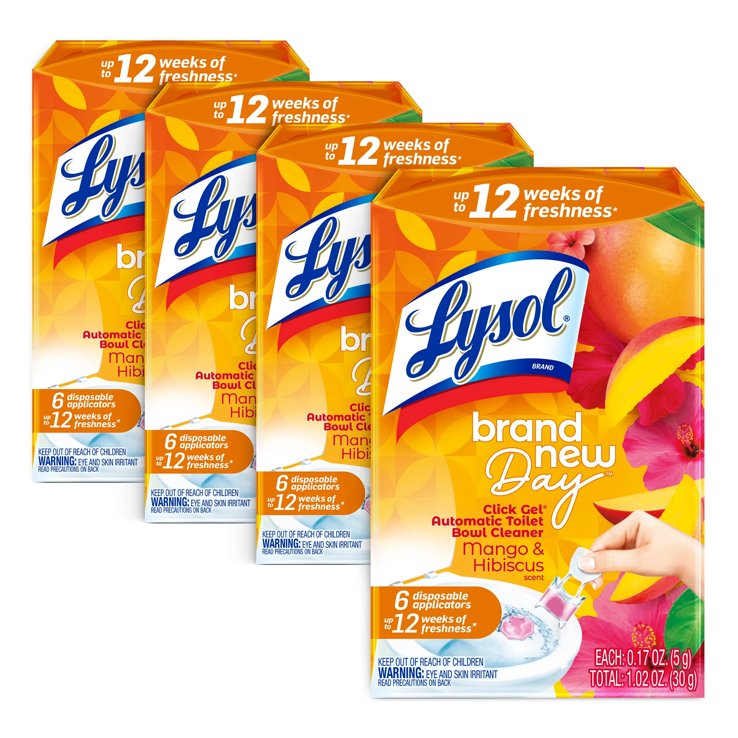 Lysol Click Gel Automatic Toilet Bowl Cleaner, Gel Toilet Bowl Cleaner, For Cleaning and Refreshing – Mango & Hibiscus, 6 applicators (Pack of 4, 24 Count Total)