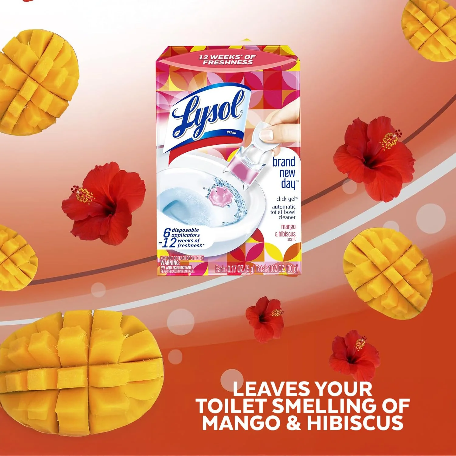 Lysol Click Gel Automatic Toilet Bowl Cleaner, Toilet Gel Stamp, Toilet Freshener, Bathroom Essentials, Refreshing Mango & Hibiscus Scent, 6 Count (Pack of 1) - Image 2