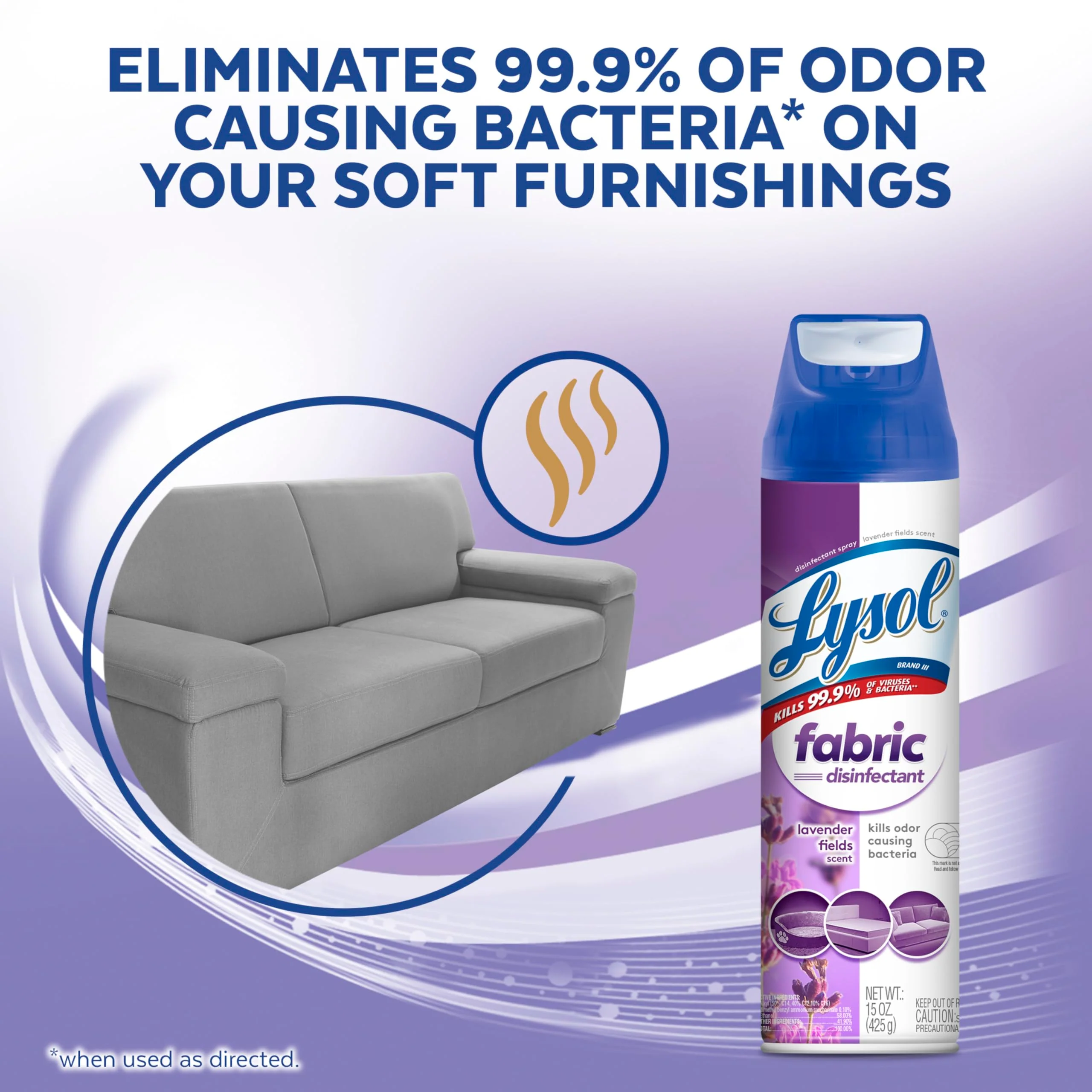 Lysol Fabric Disinfectant Spray, Sanitizing and Antibacterial Spray, For Disinfecting and Deodorizing Soft Furnishings, Lavender Fields 15 Fl. Oz (Pack of 3) - Image 2