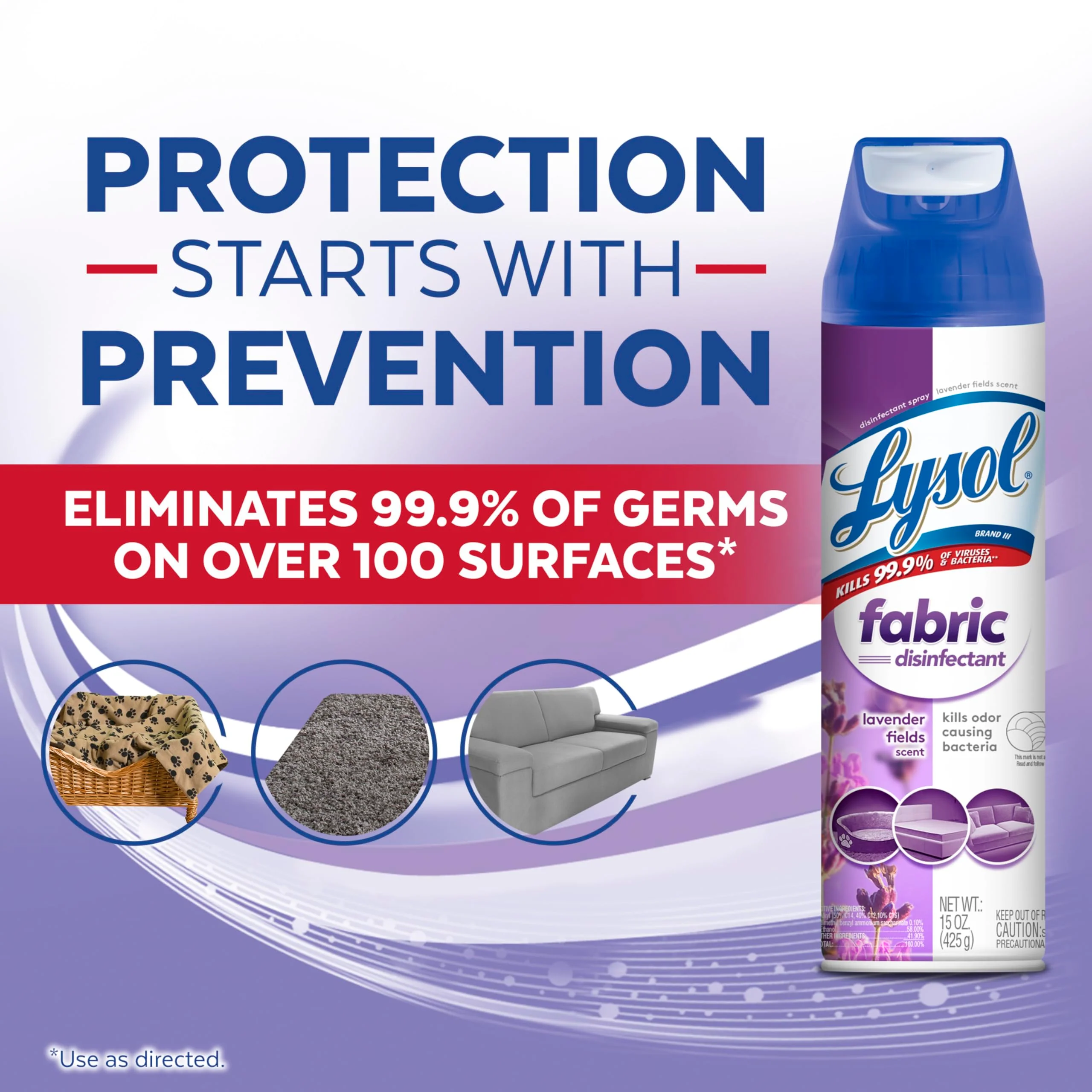 Lysol Fabric Disinfectant Spray, Sanitizing and Antibacterial Spray, For Disinfecting and Deodorizing Soft Furnishings, Lavender Fields 15 Fl. Oz (Pack of 3) - Image 4